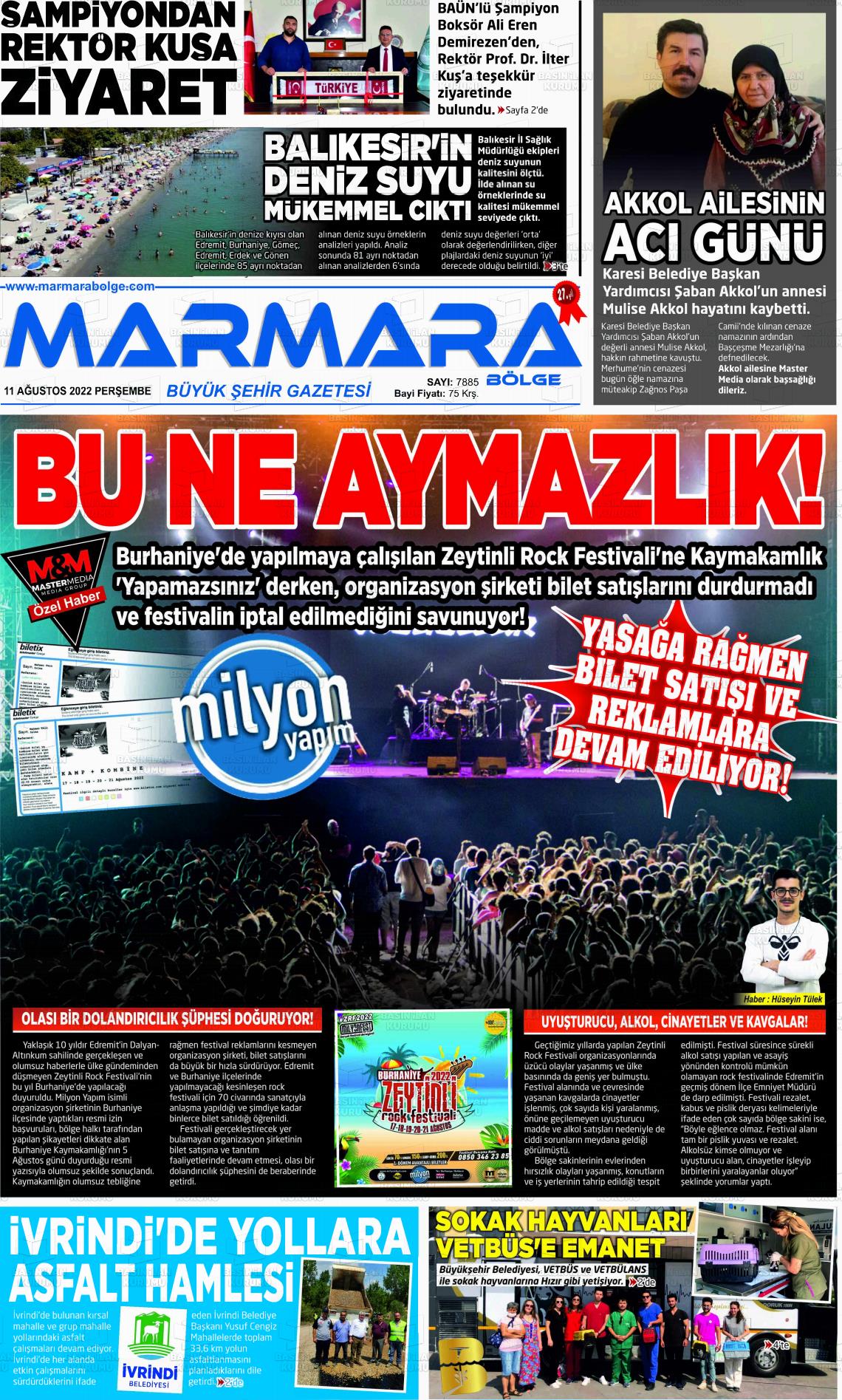 11 Ağustos 2022 Marmara Bölge Gazete Manşeti