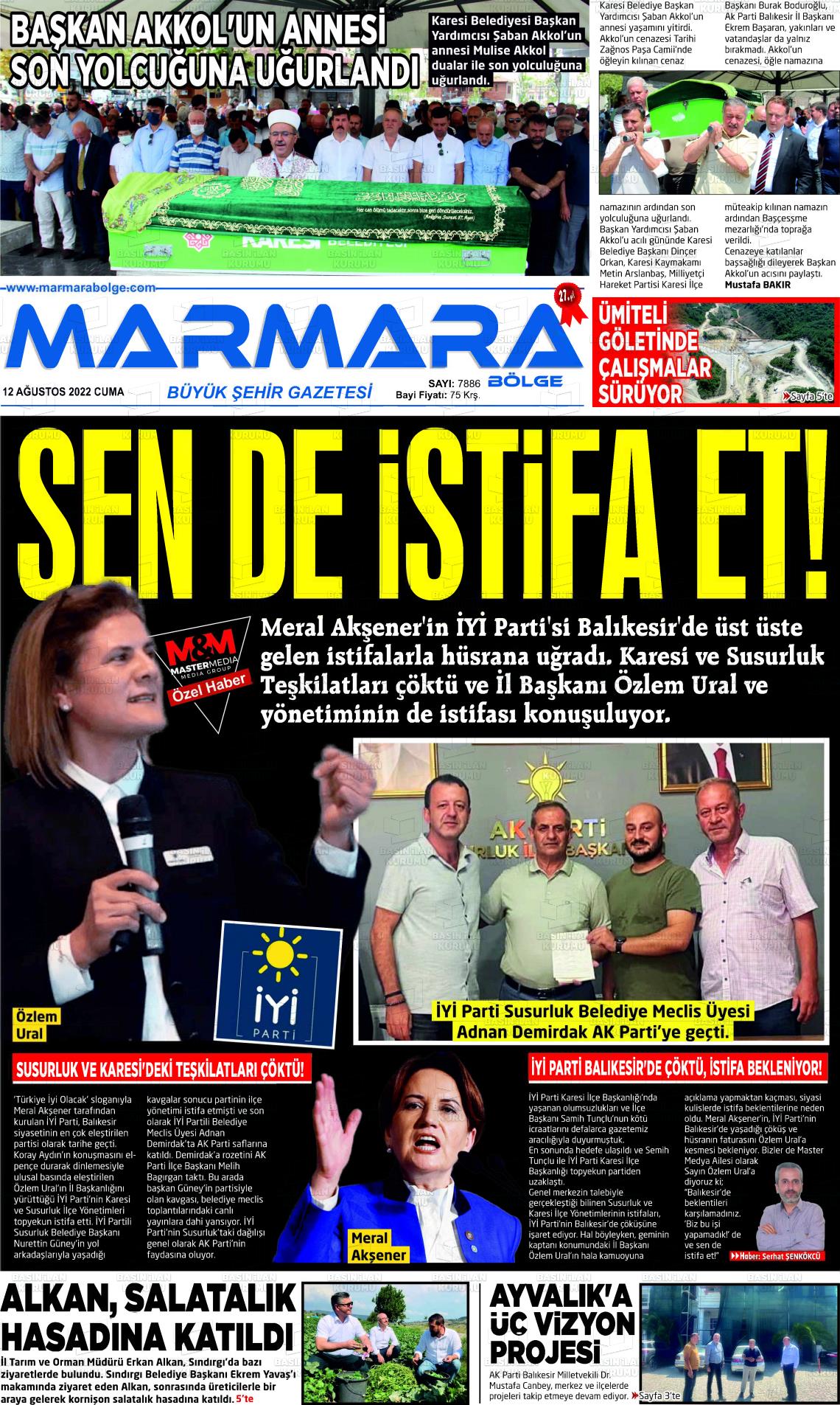 12 Ağustos 2022 Marmara Bölge Gazete Manşeti