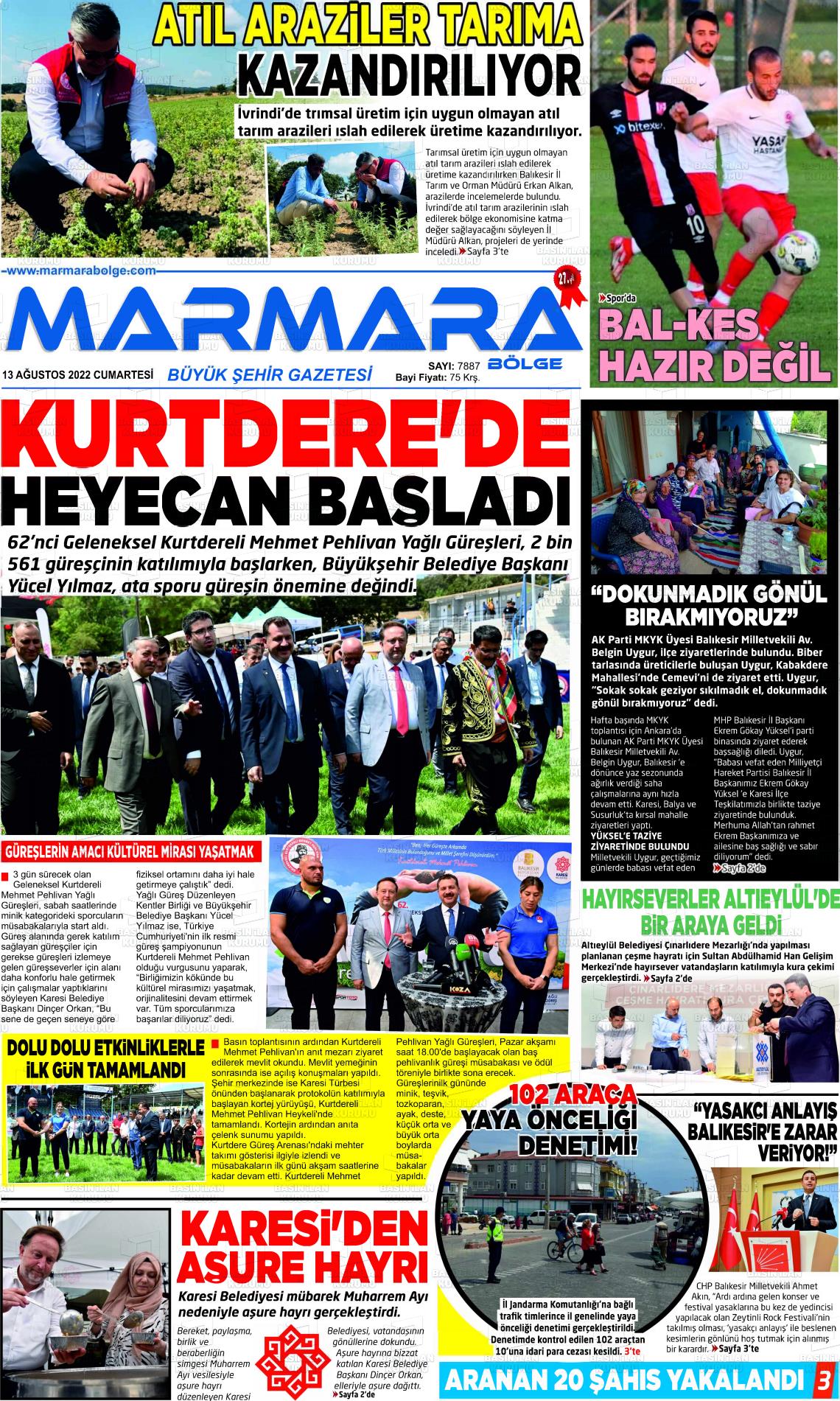 13 Ağustos 2022 Marmara Bölge Gazete Manşeti