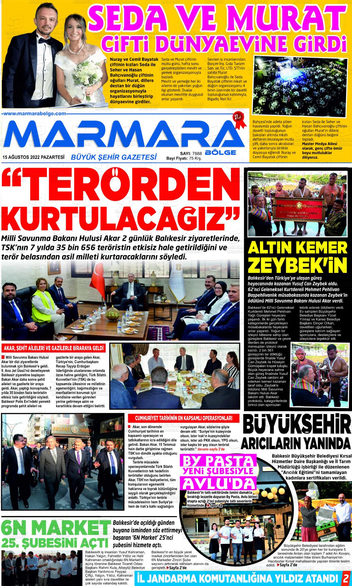 15 Ağustos 2022 Marmara Bölge Gazete Manşeti