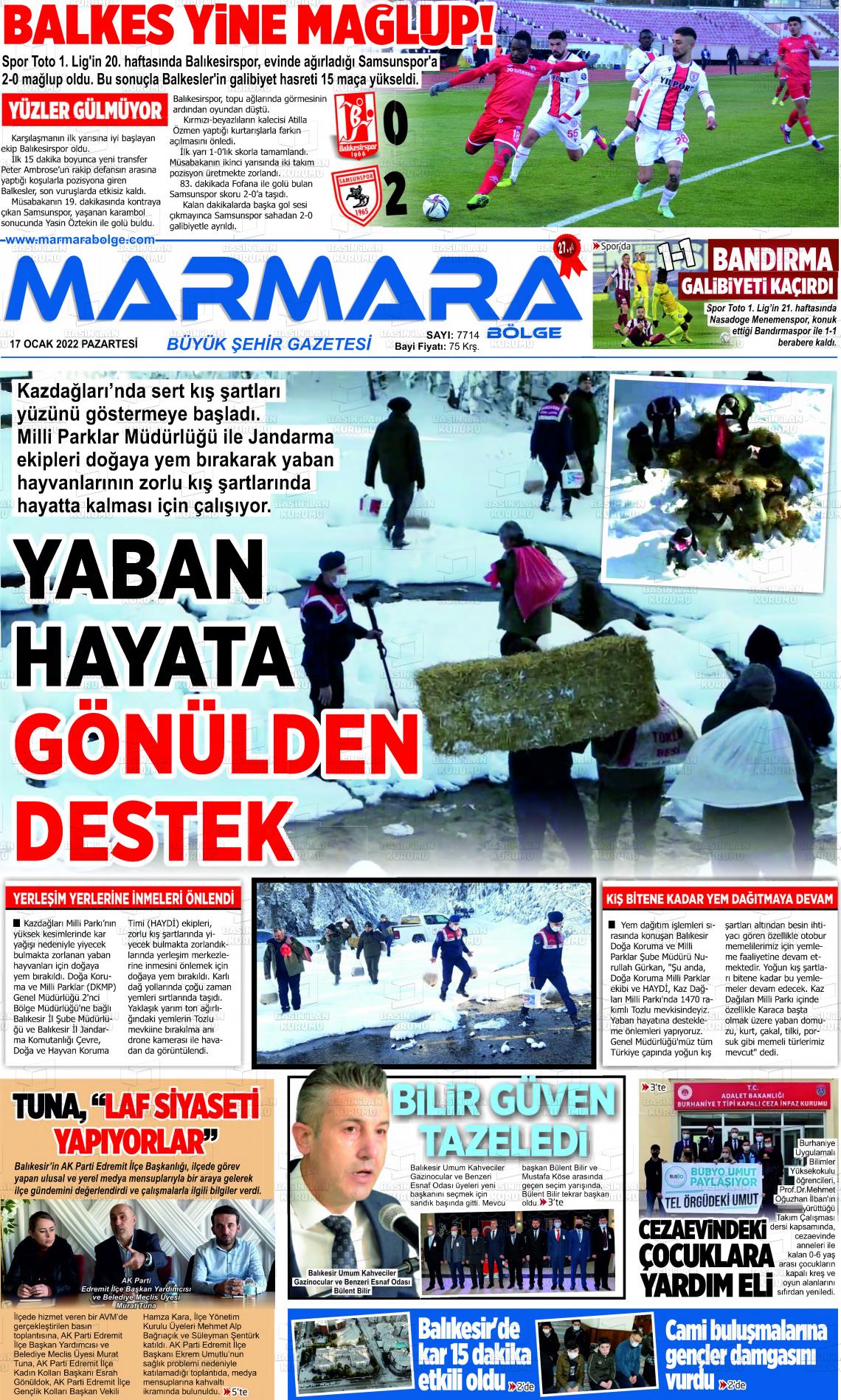 17 Ocak 2022 Marmara Bölge Gazete Manşeti