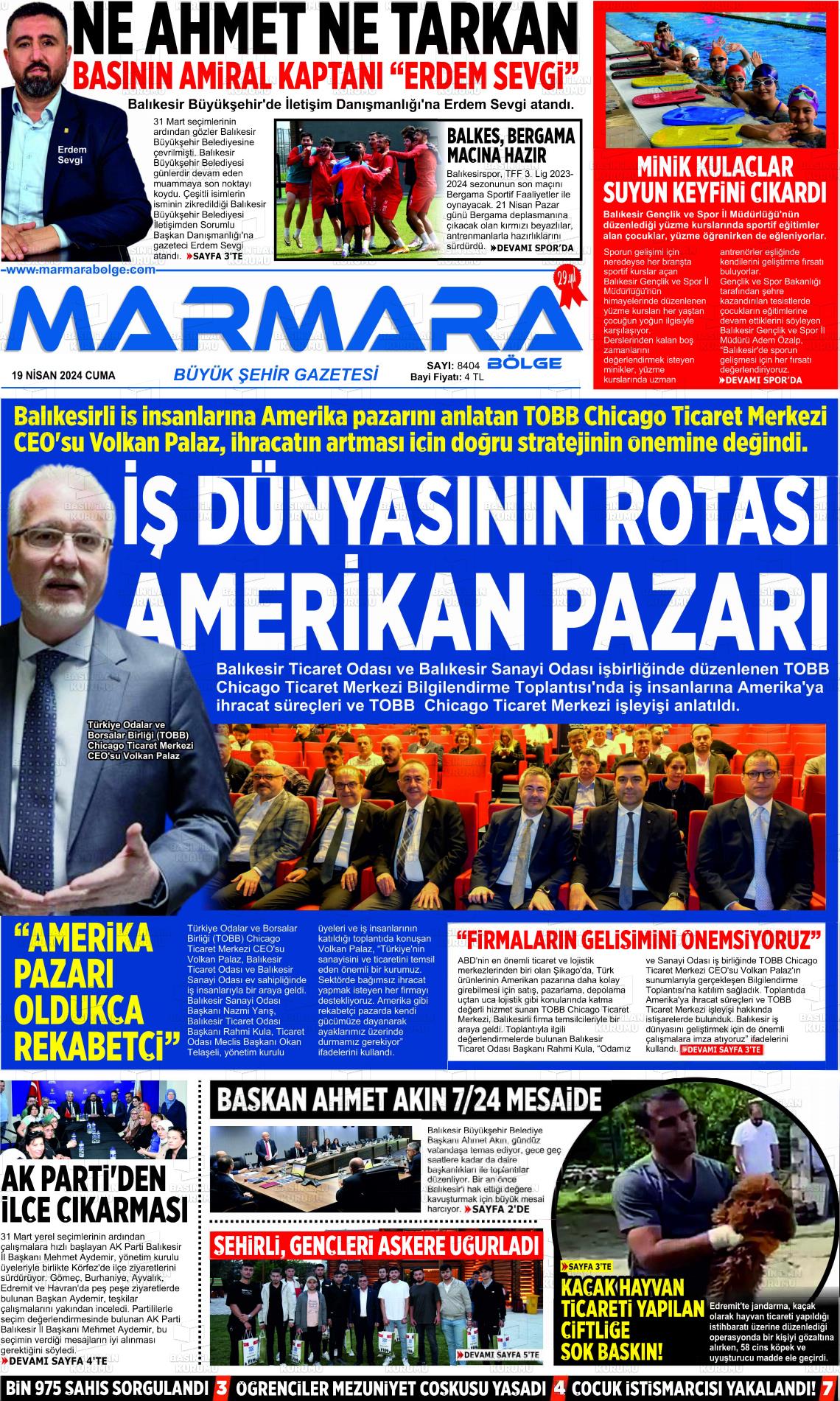 19 Nisan 2024 Marmara Bölge Gazete Manşeti