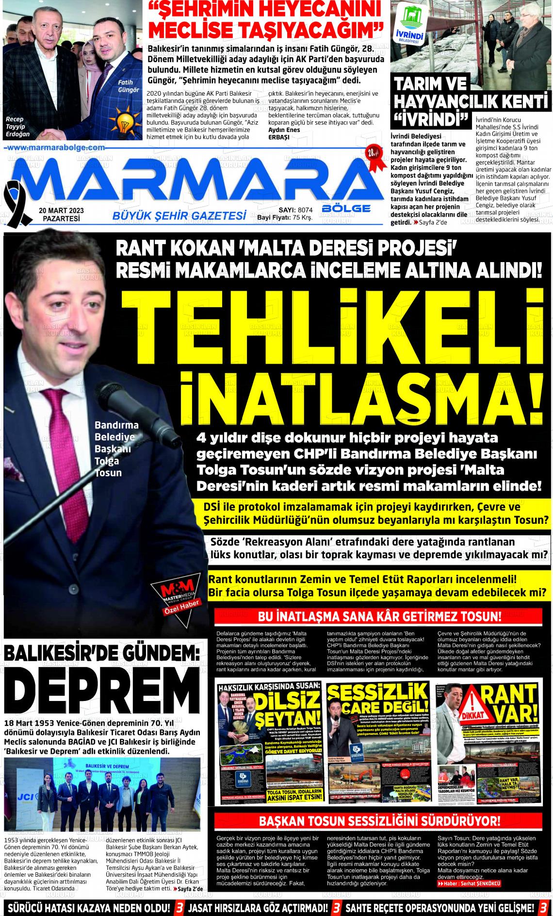 20 Mart 2023 Marmara Bölge Gazete Manşeti