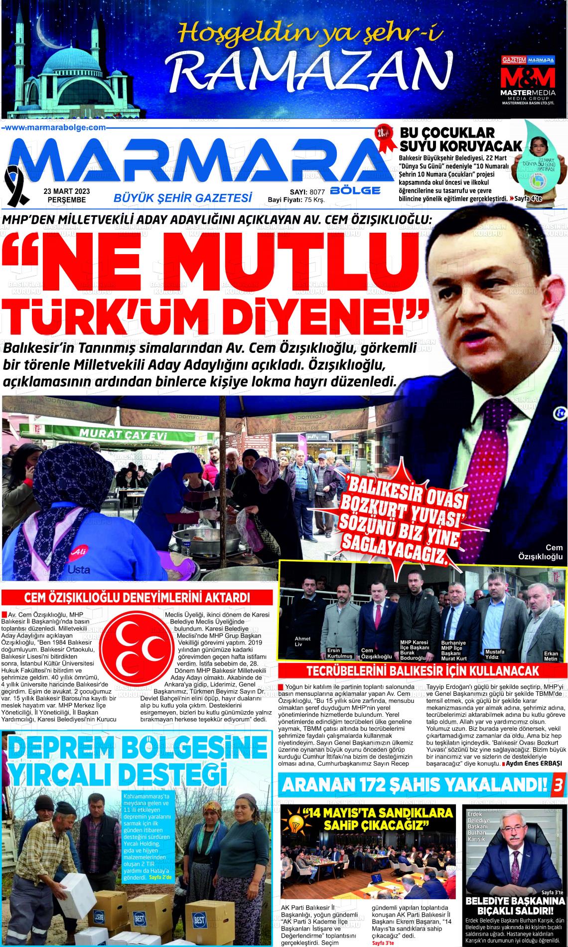 23 Mart 2023 Marmara Bölge Gazete Manşeti