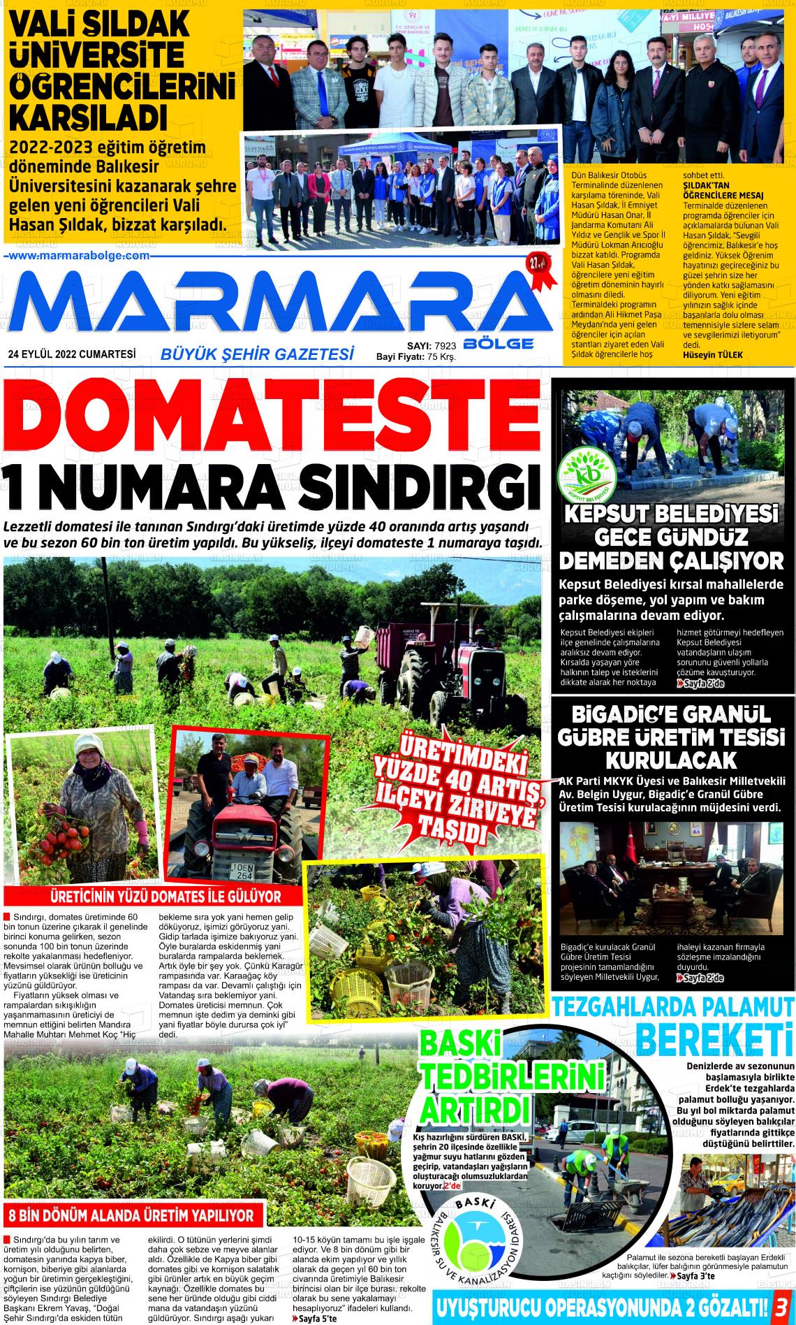 24 Eylül 2022 Marmara Bölge Gazete Manşeti