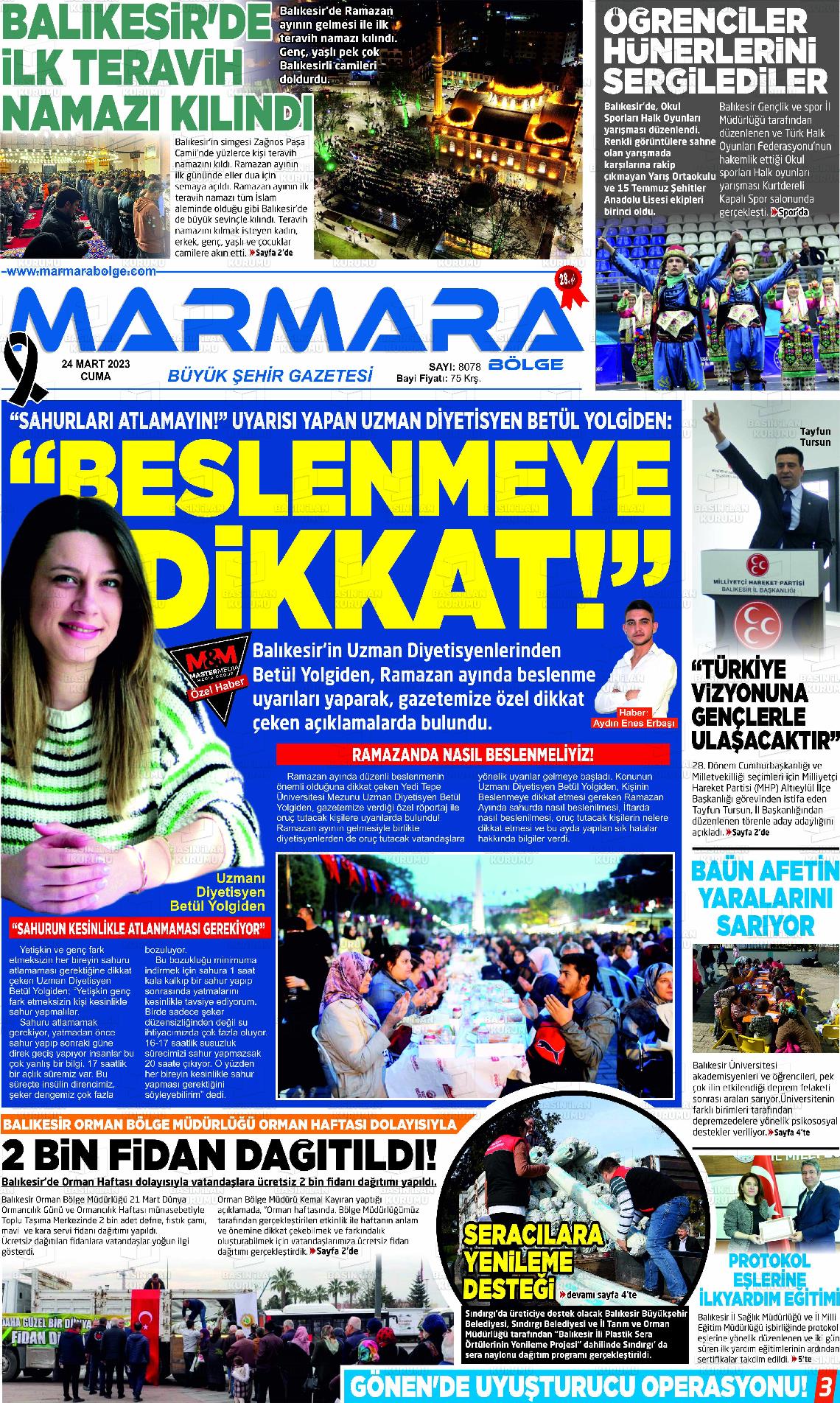 24 Mart 2023 Marmara Bölge Gazete Manşeti