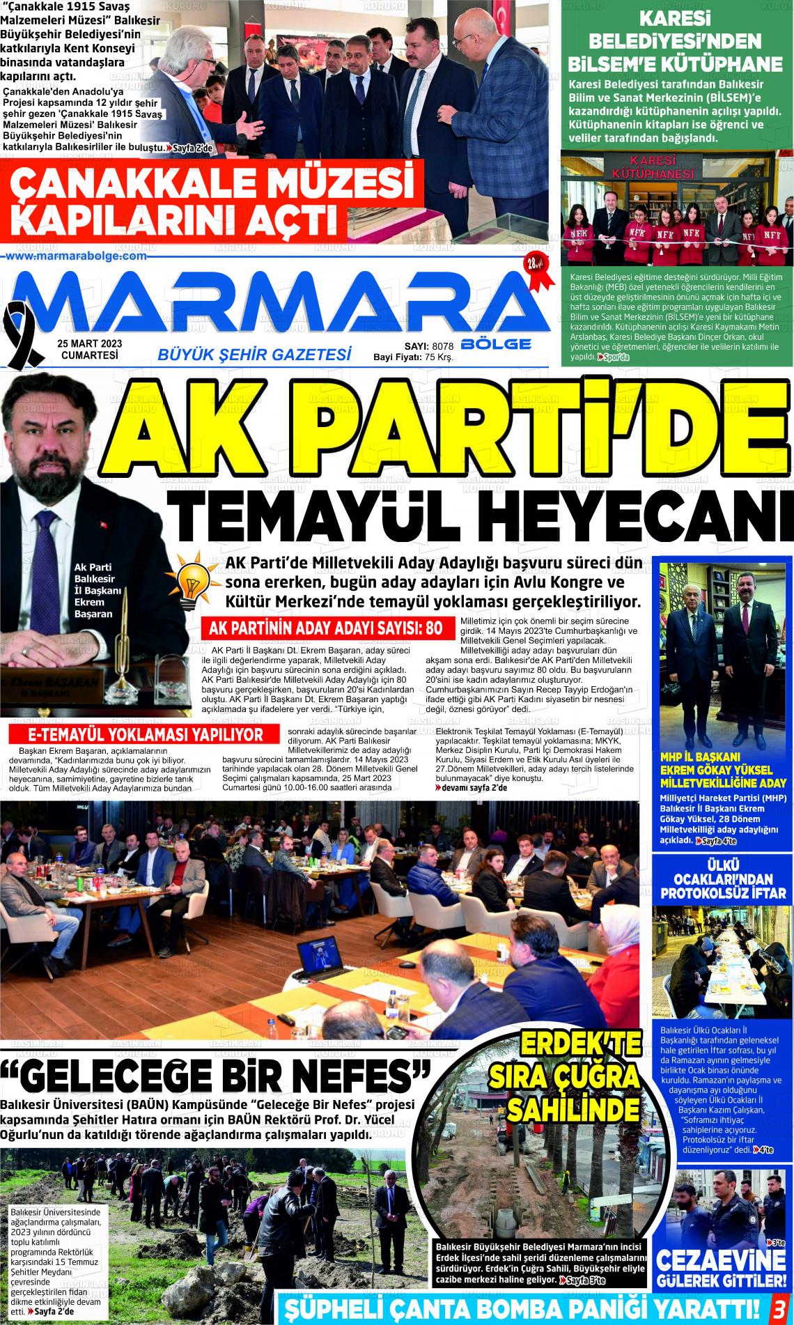 25 Mart 2023 Marmara Bölge Gazete Manşeti