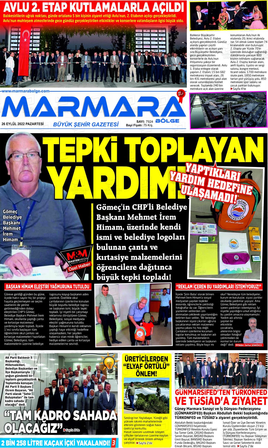 26 Eylül 2022 Marmara Bölge Gazete Manşeti