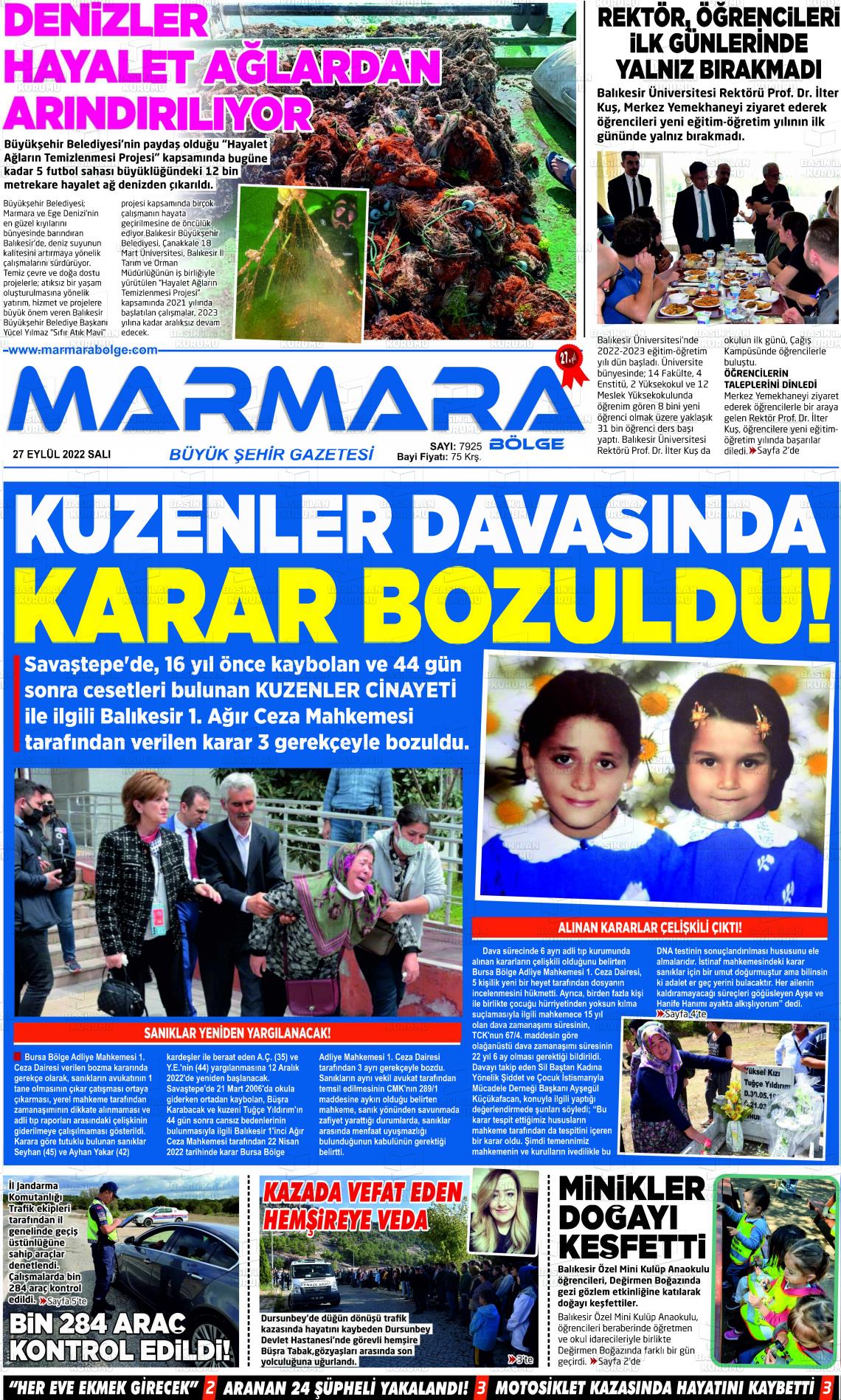 27 Eylül 2022 Marmara Bölge Gazete Manşeti