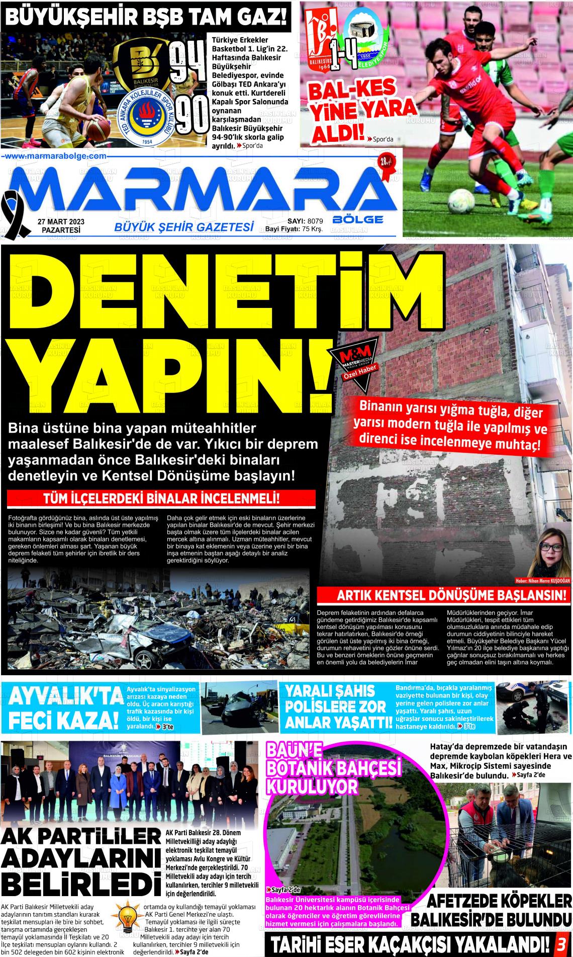 27 Mart 2023 Marmara Bölge Gazete Manşeti