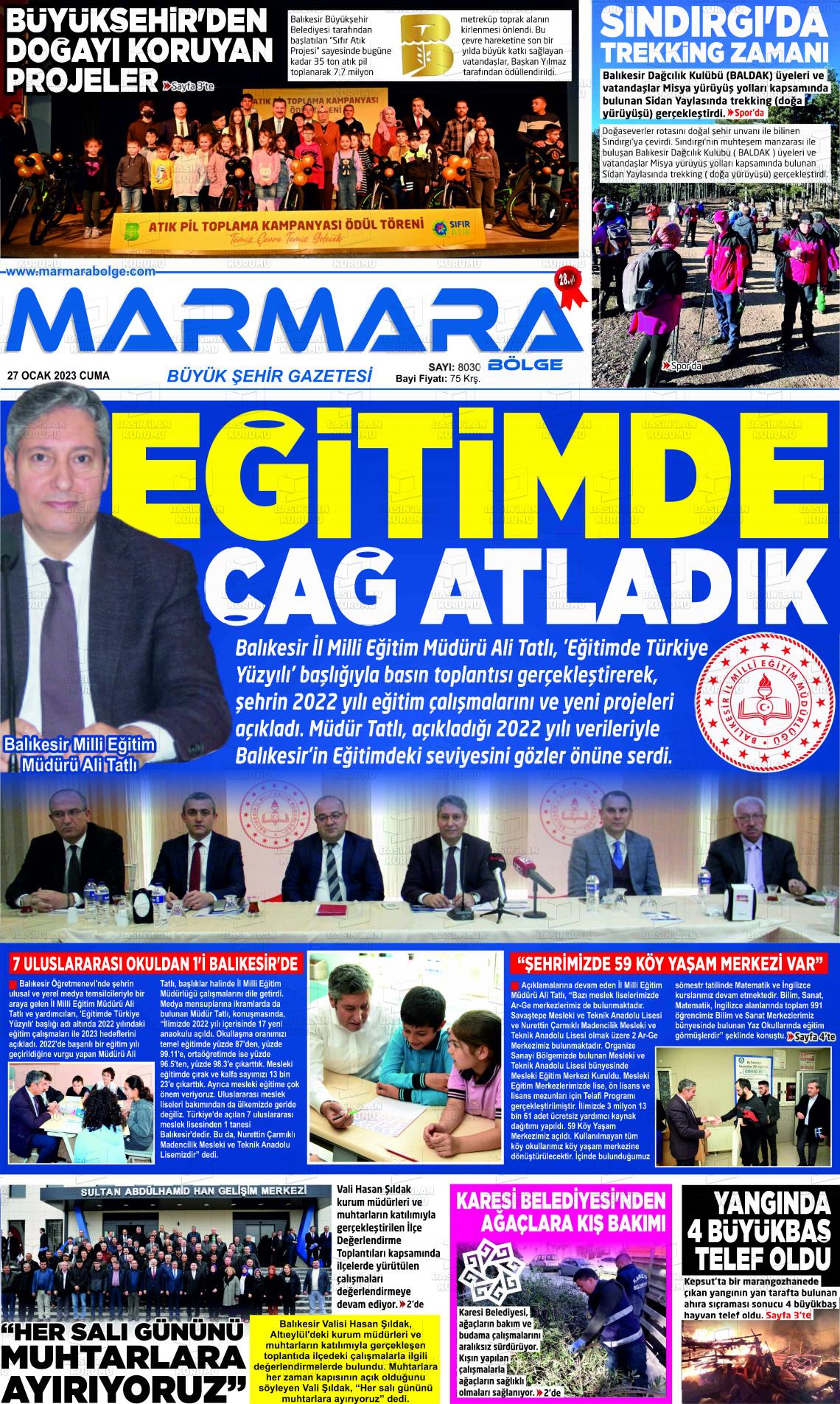 27 Ocak 2023 Marmara Bölge Gazete Manşeti