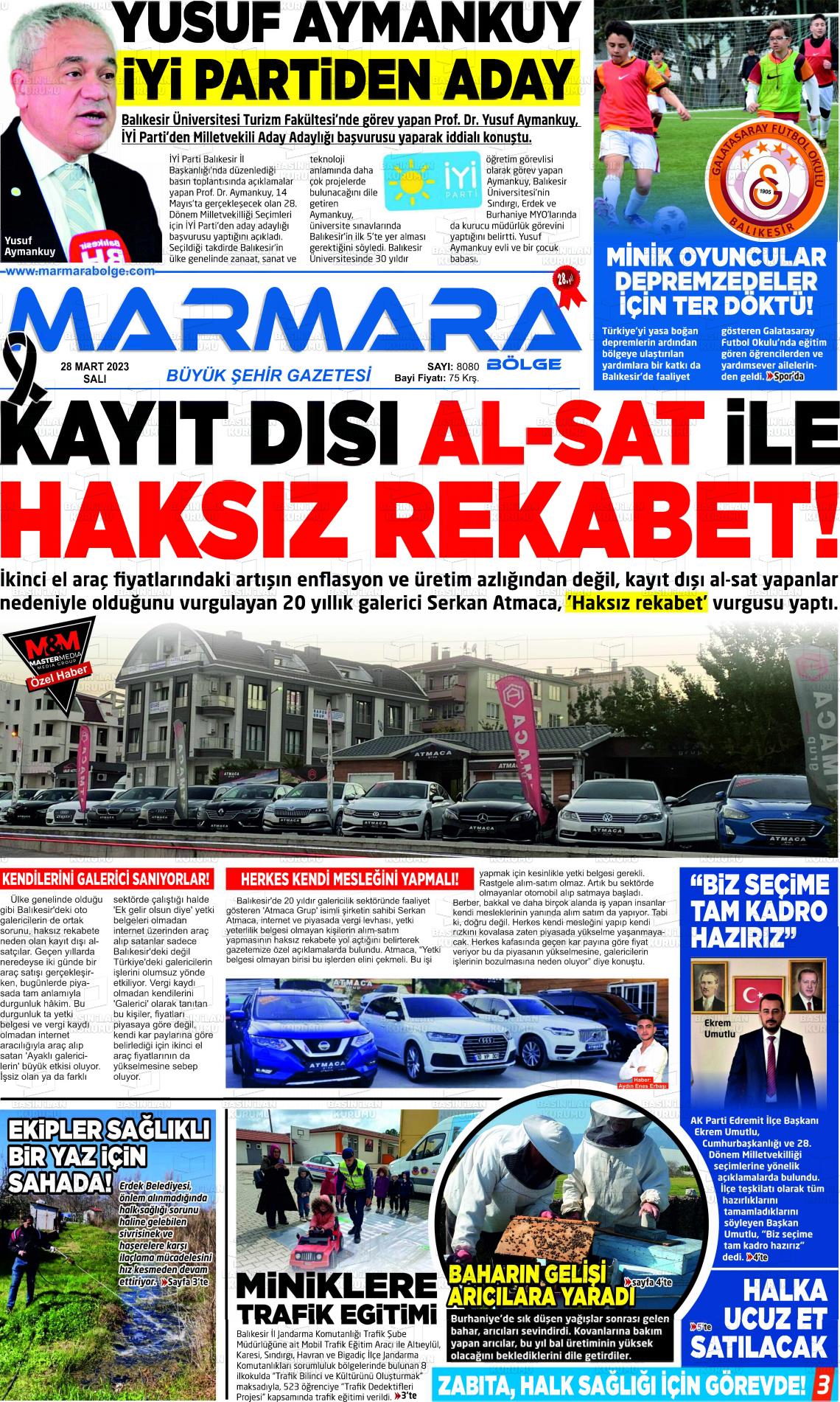 28 Mart 2023 Marmara Bölge Gazete Manşeti
