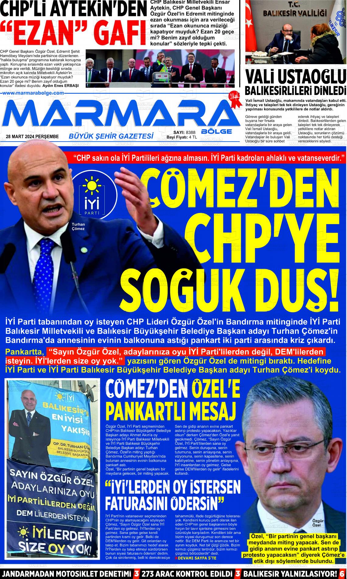 28 Mart 2024 Marmara Bölge Gazete Manşeti