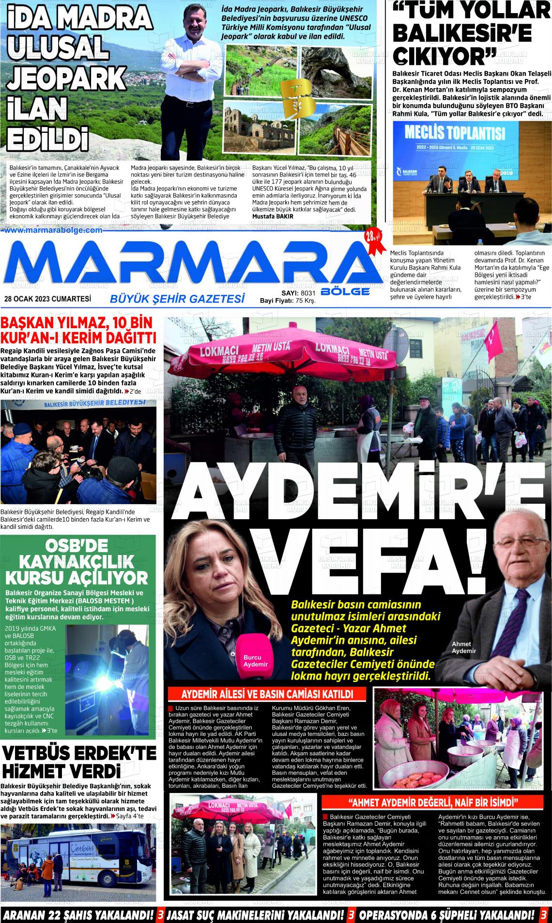 28 Ocak 2023 Marmara Bölge Gazete Manşeti