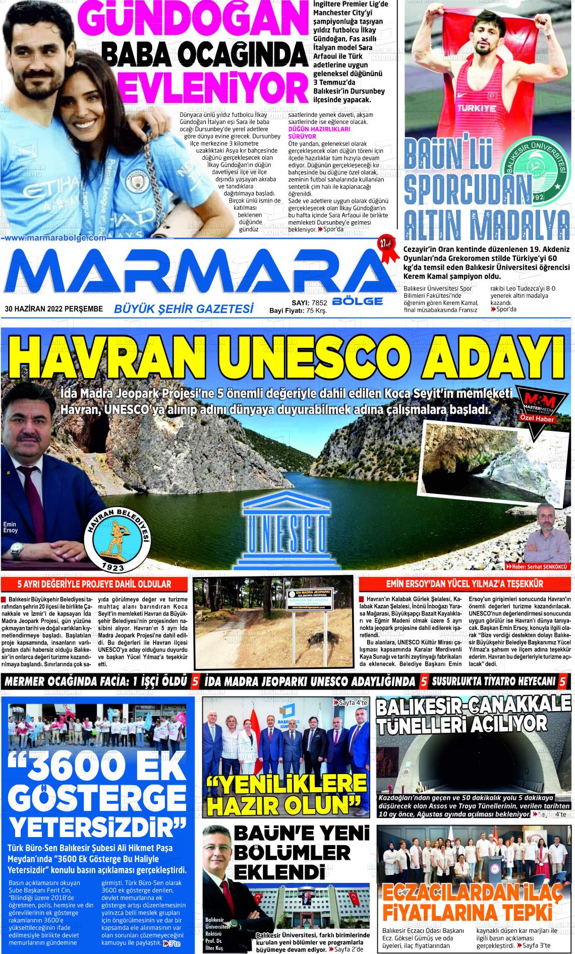 30 Haziran 2022 Marmara Bölge Gazete Manşeti