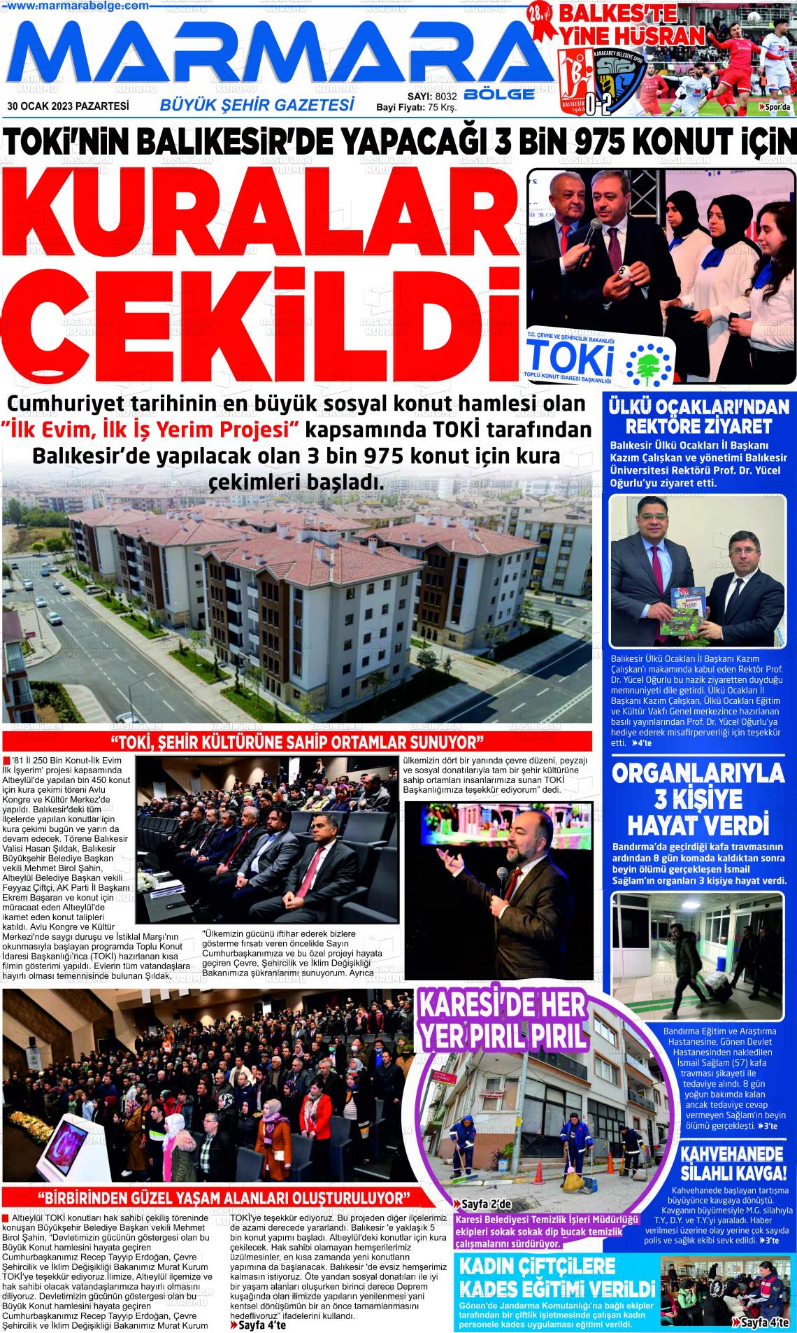 30 Ocak 2023 Marmara Bölge Gazete Manşeti