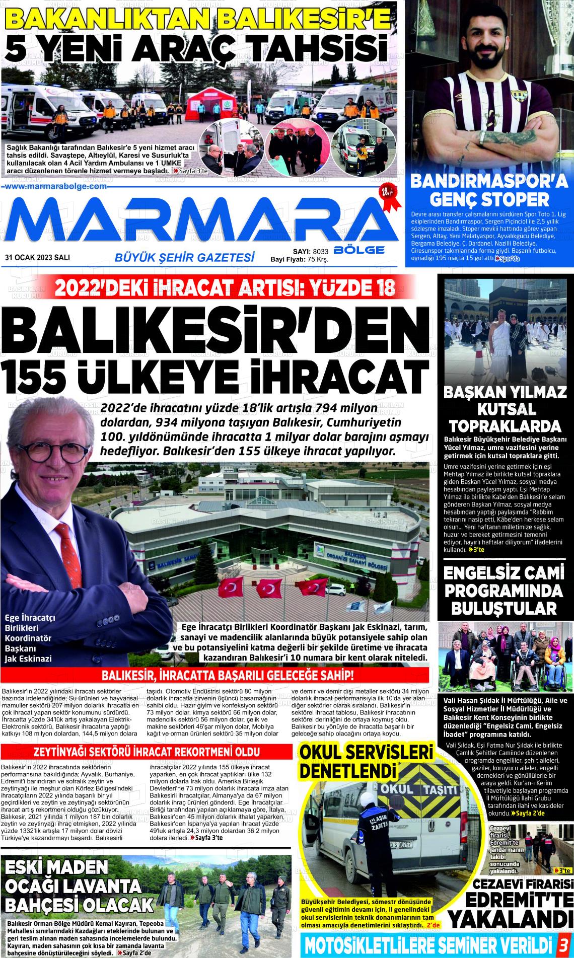 31 Ocak 2023 Marmara Bölge Gazete Manşeti