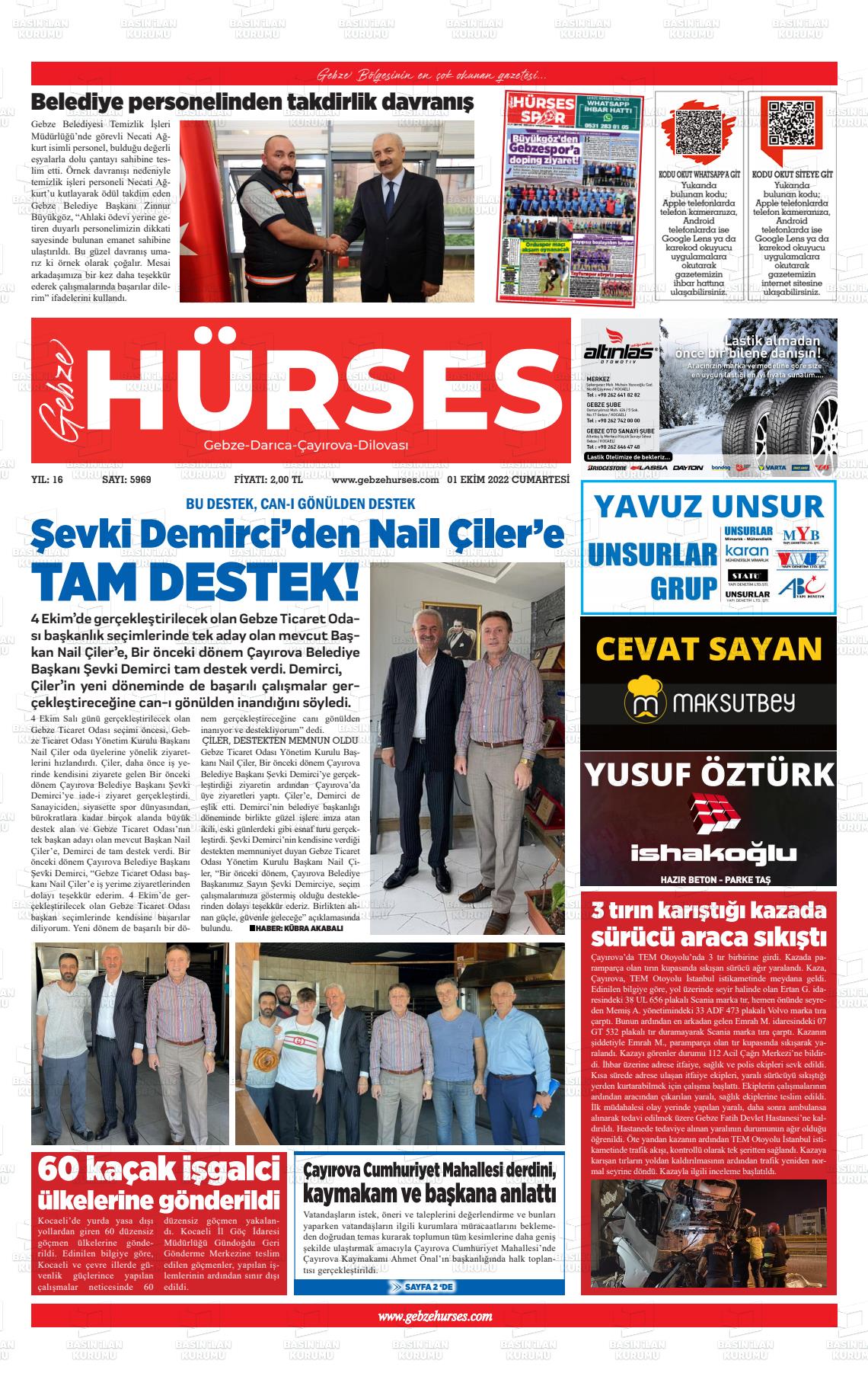 01 Ekim 2022 Marmara  Gebze Gazete Manşeti
