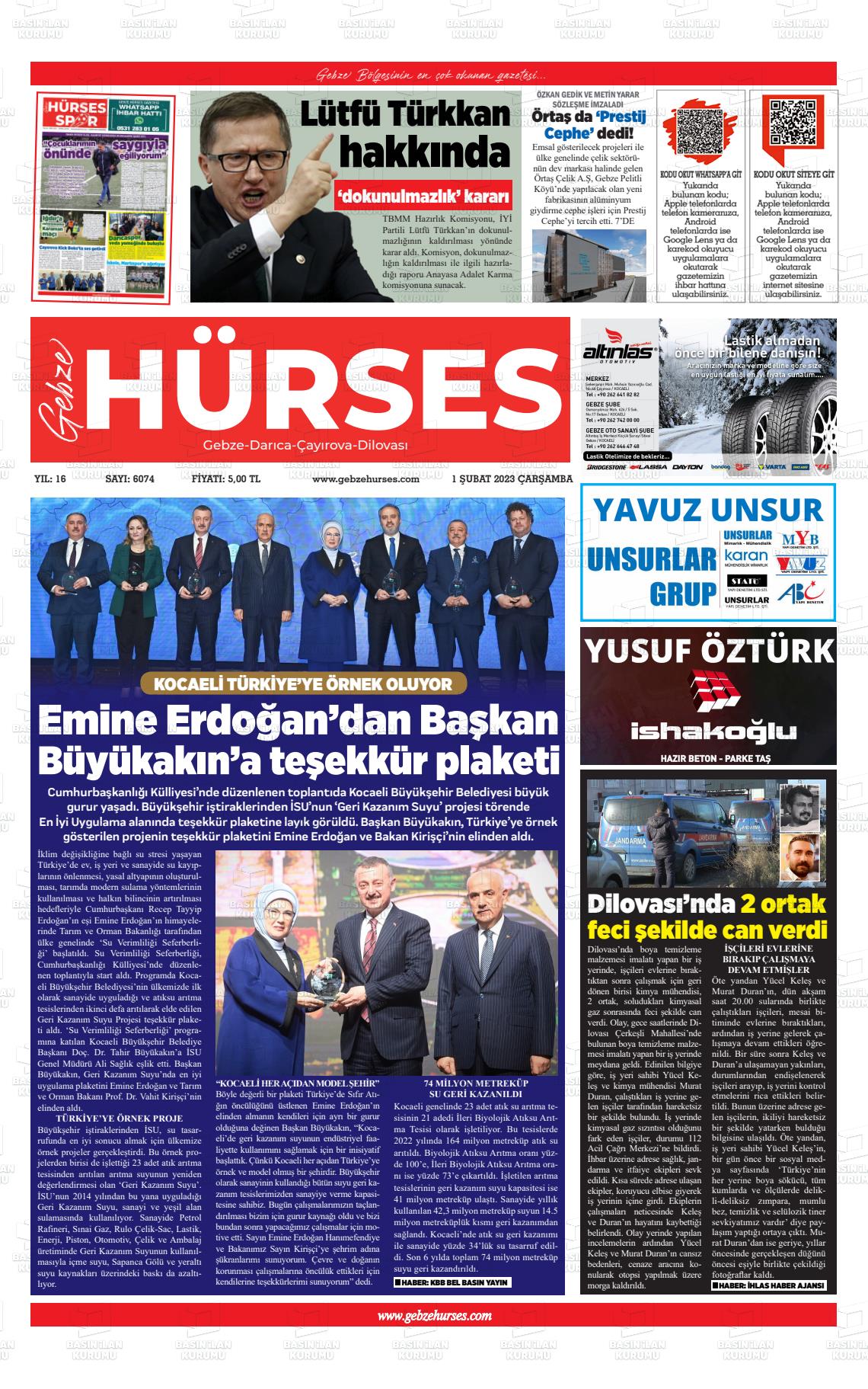 01 Şubat 2023 Marmara  Gebze Gazete Manşeti