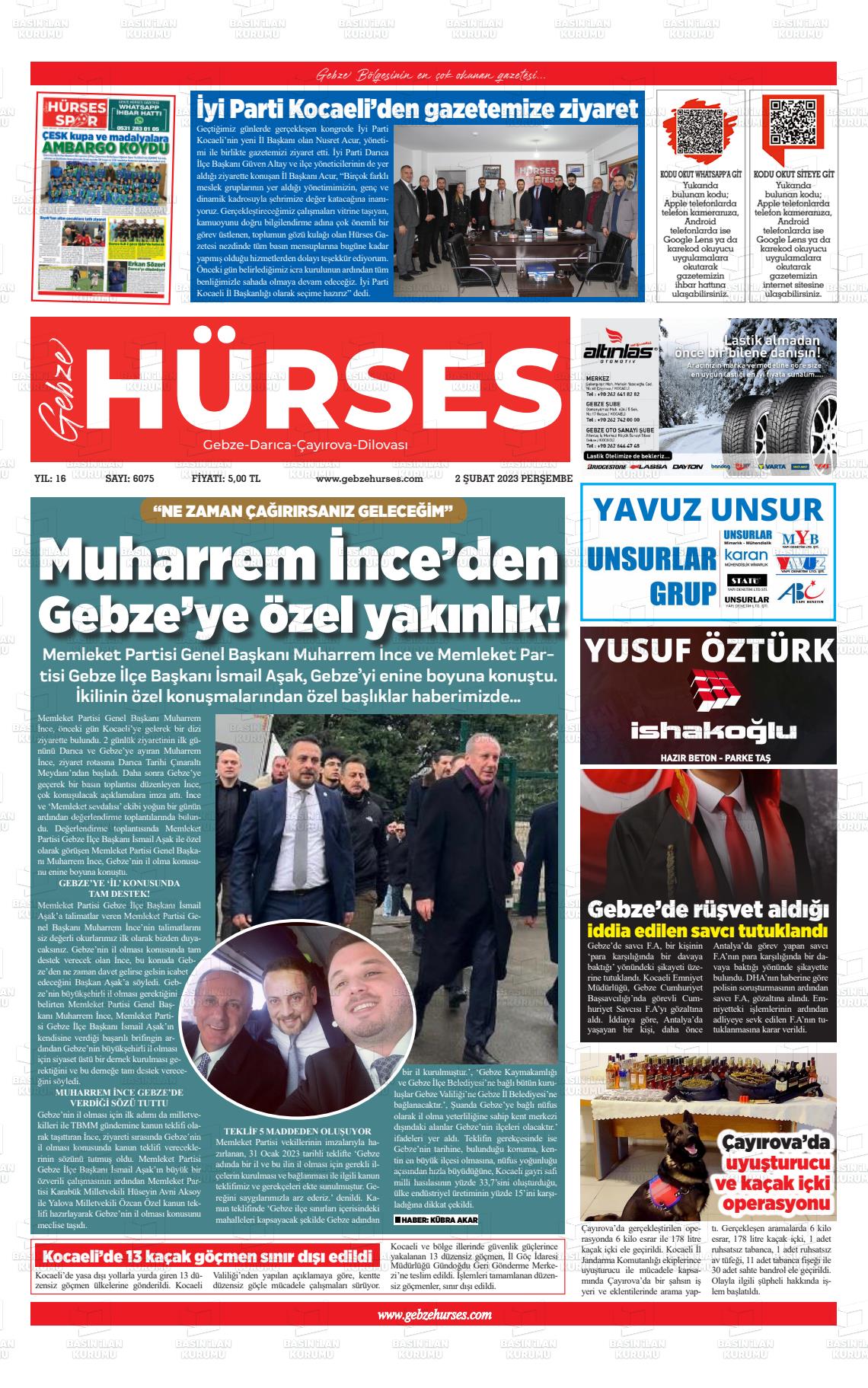 02 Şubat 2023 Marmara  Gebze Gazete Manşeti