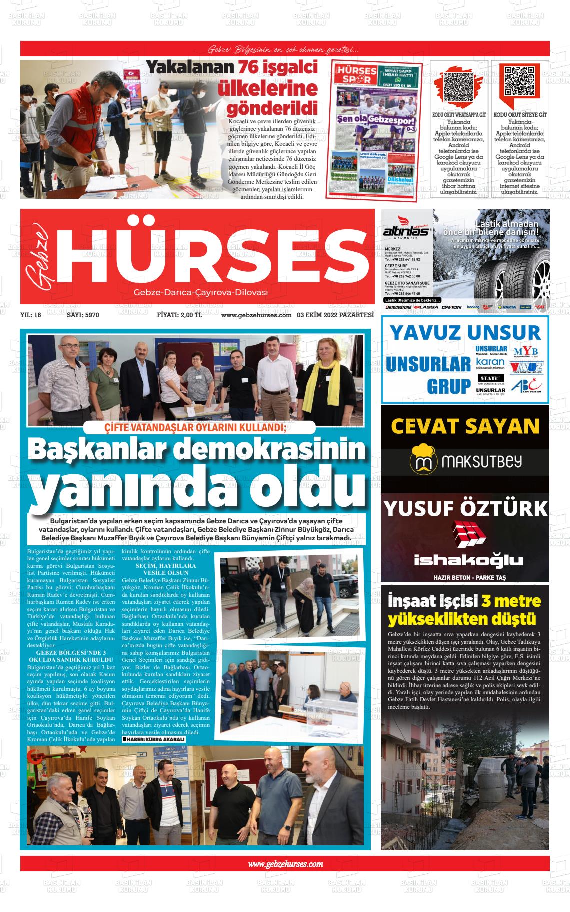 03 Ekim 2022 Marmara  Gebze Gazete Manşeti