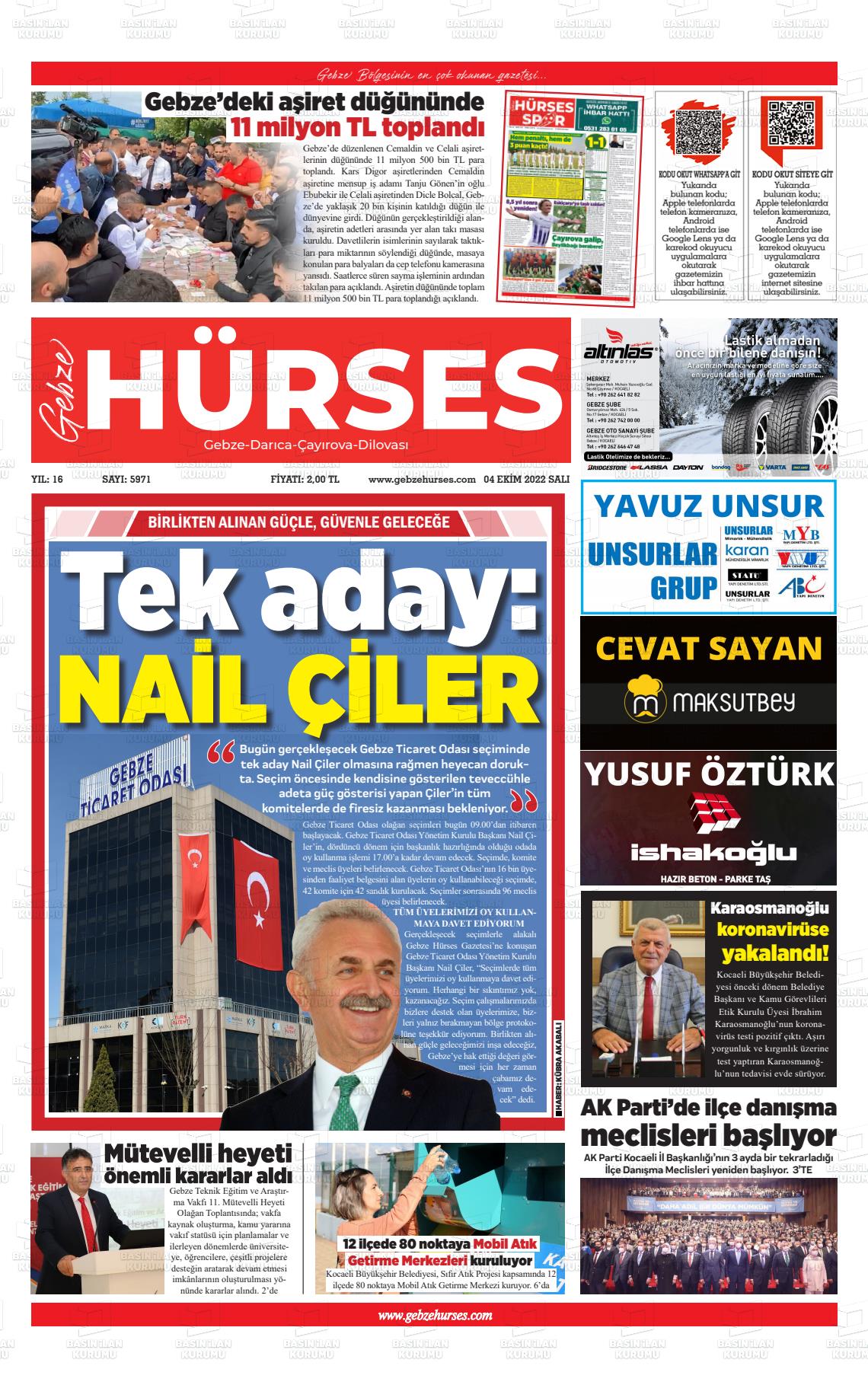 04 Ekim 2022 Marmara  Gebze Gazete Manşeti