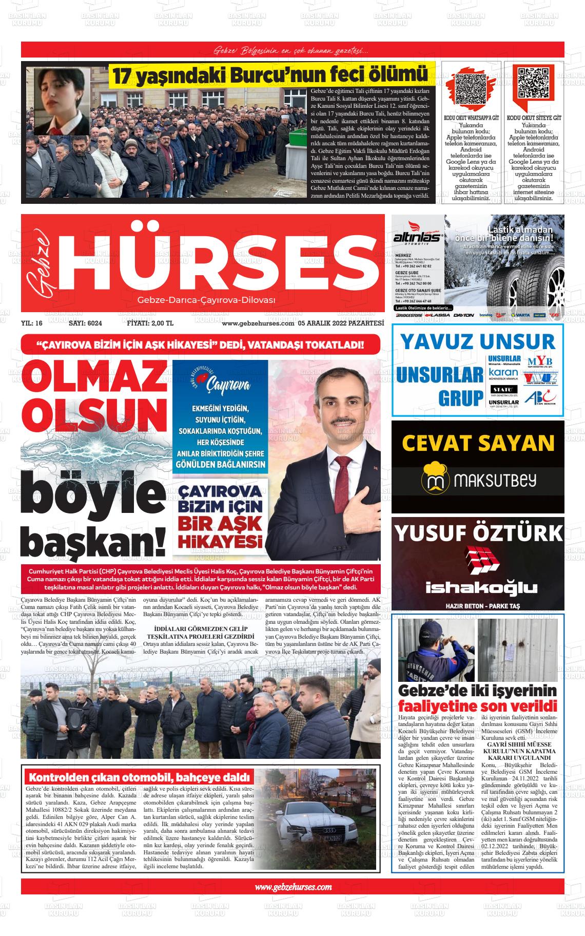 05 Aralık 2022 Marmara  Gebze Gazete Manşeti