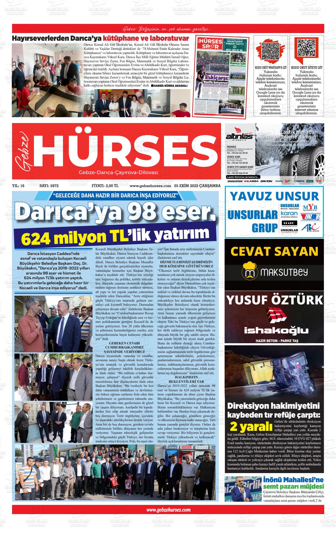 05 Ekim 2022 Marmara  Gebze Gazete Manşeti