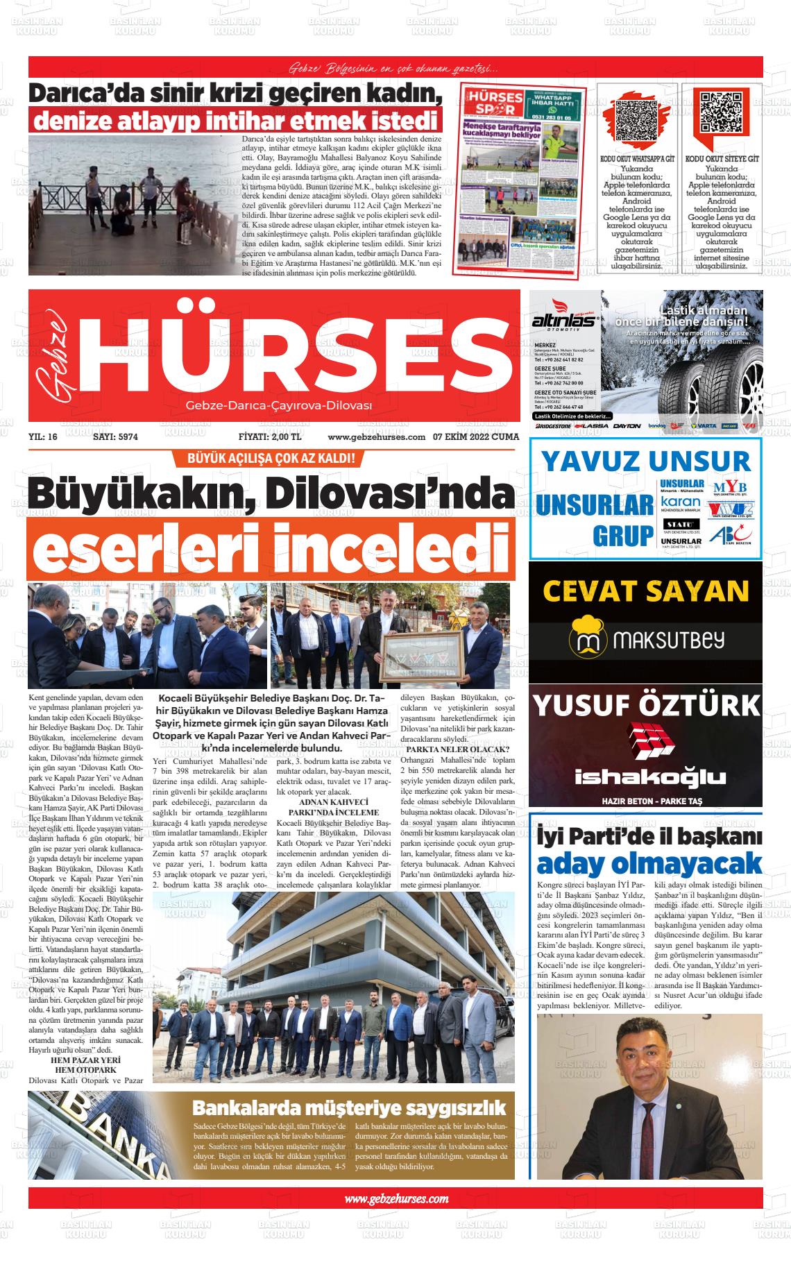 07 Ekim 2022 Marmara  Gebze Gazete Manşeti