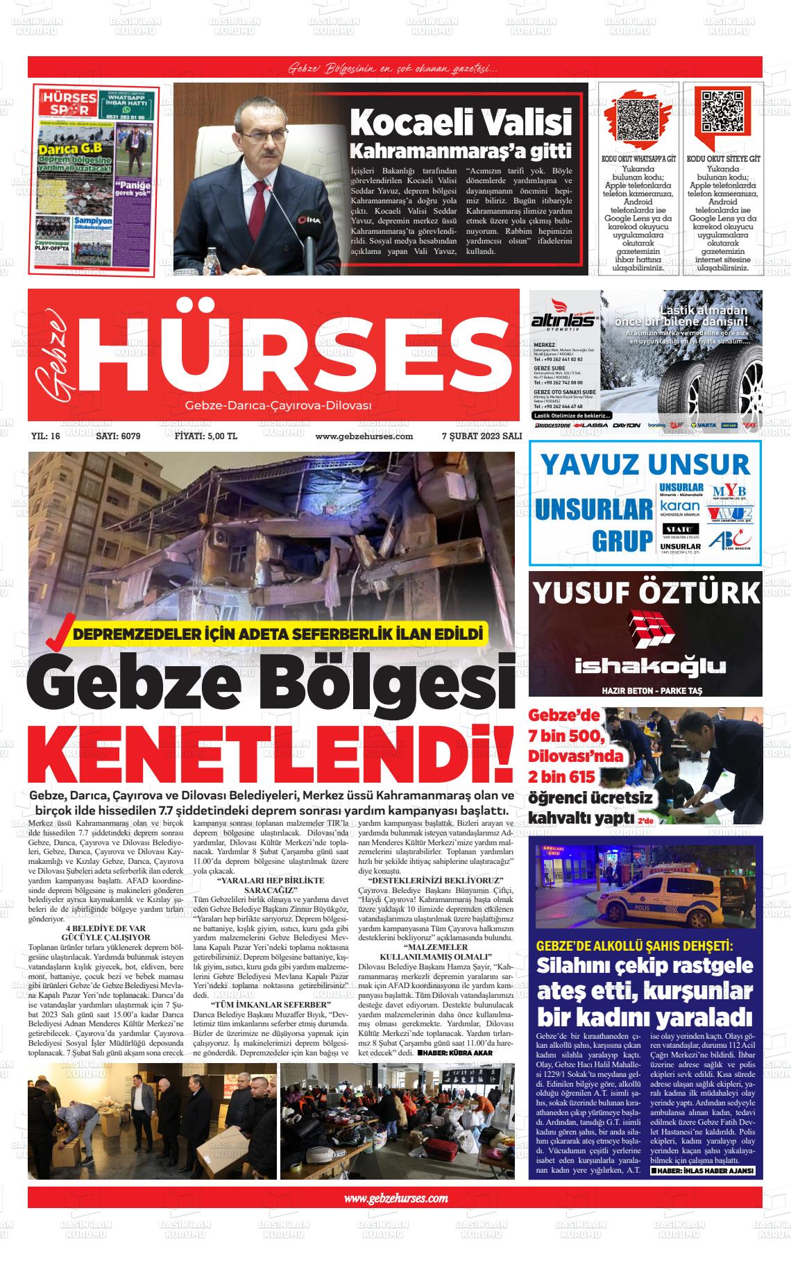 07 Şubat 2023 Marmara  Gebze Gazete Manşeti