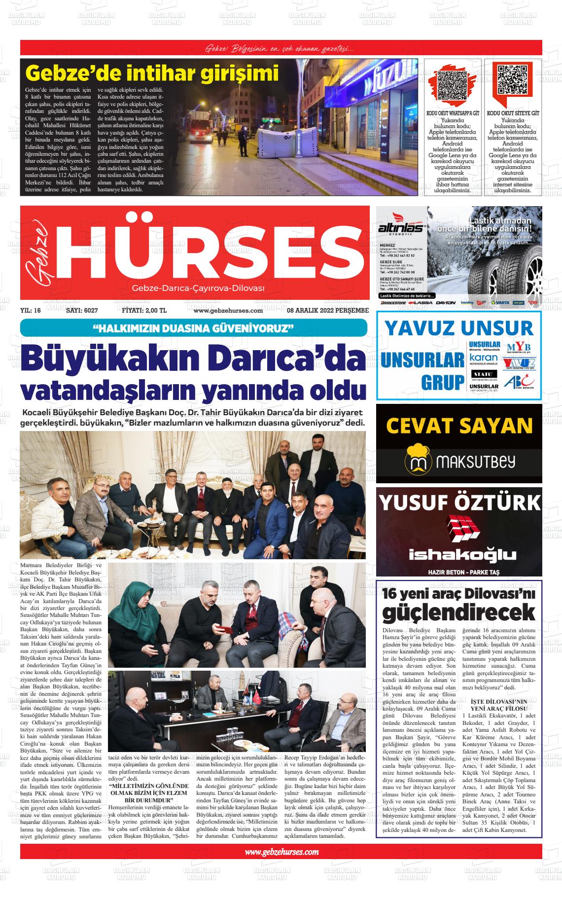 08 Aralık 2022 Marmara  Gebze Gazete Manşeti
