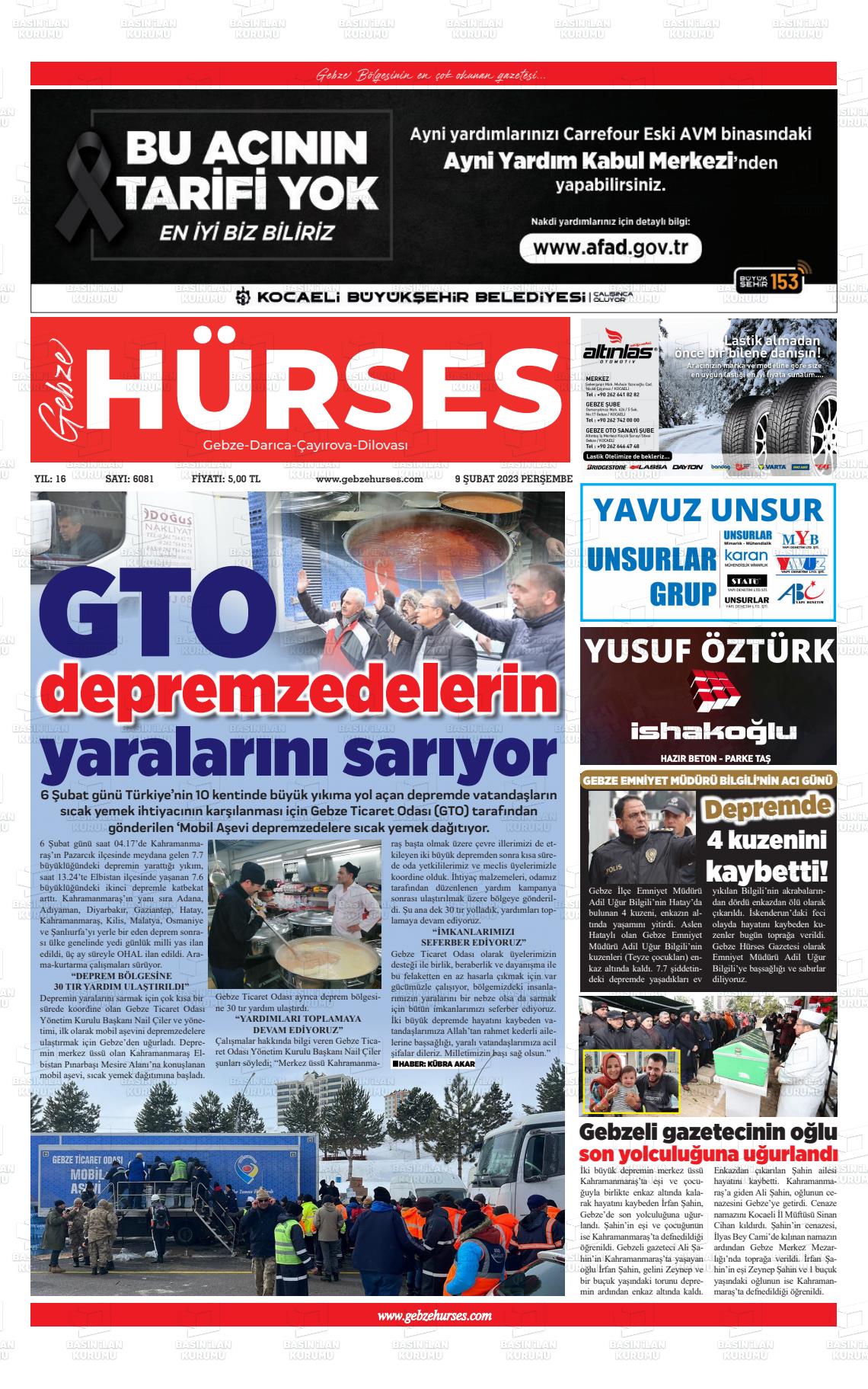 09 Şubat 2023 Marmara  Gebze Gazete Manşeti