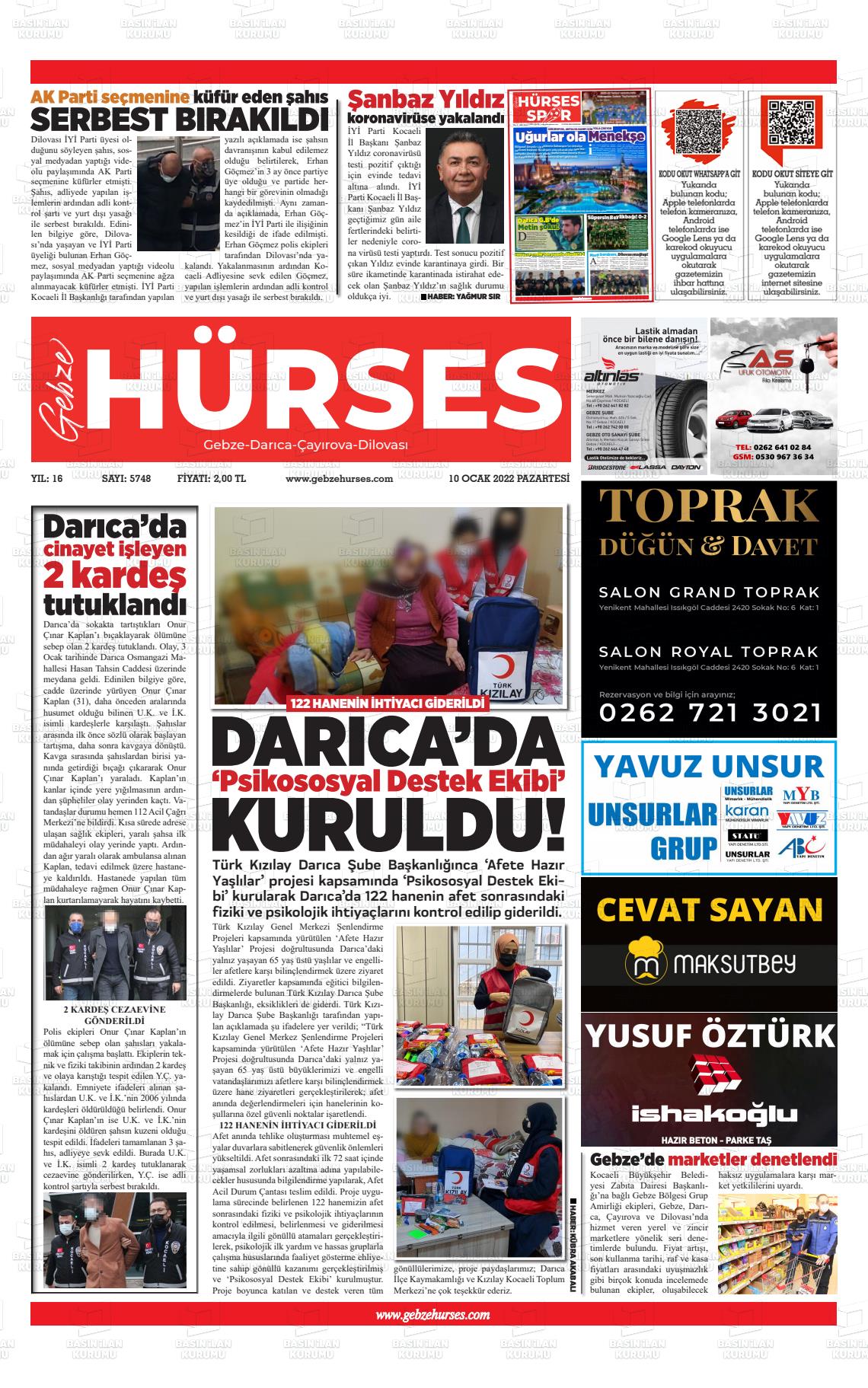 10 Ocak 2022 Marmara  Gebze Gazete Manşeti
