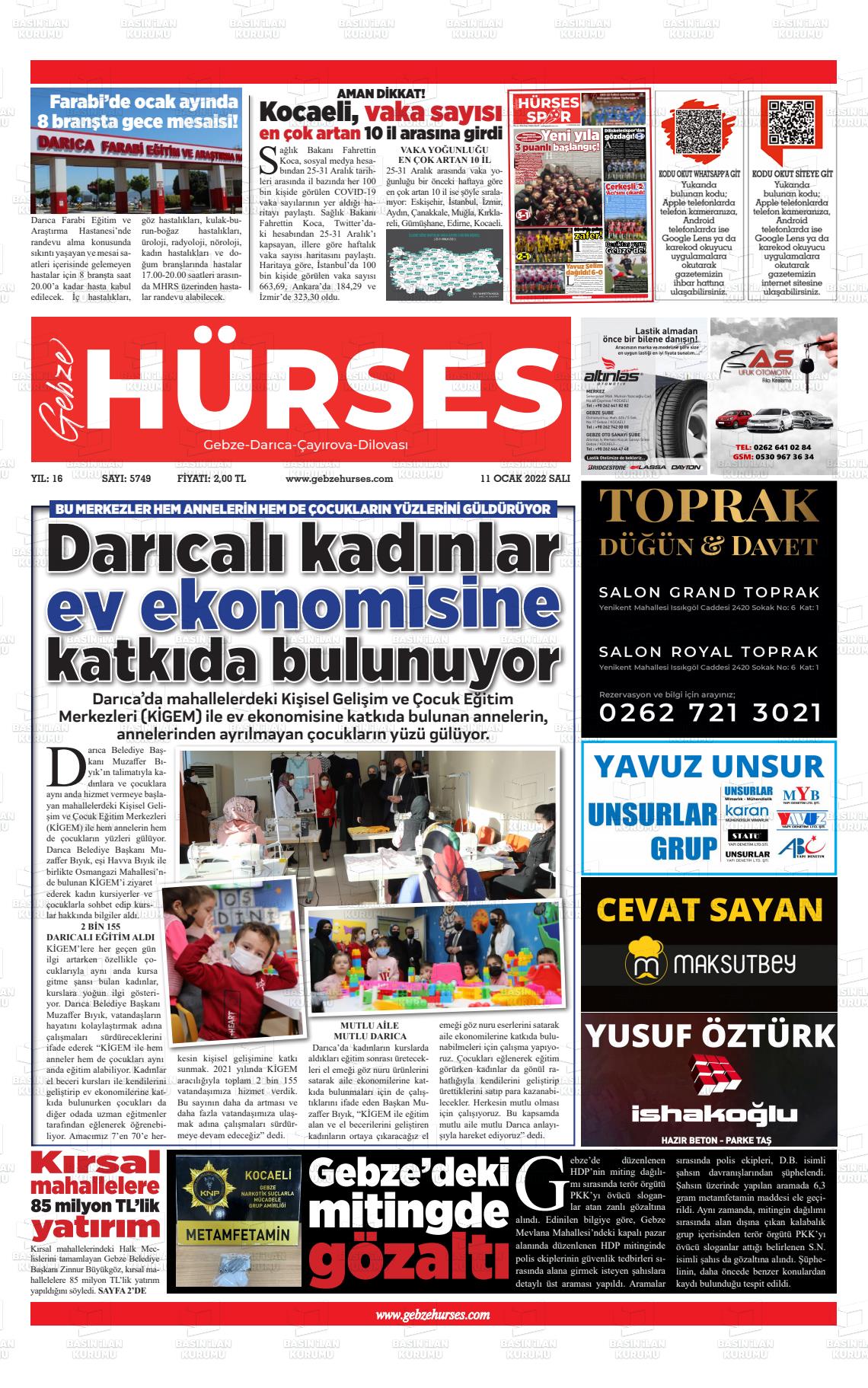 11 Ocak 2022 Marmara  Gebze Gazete Manşeti