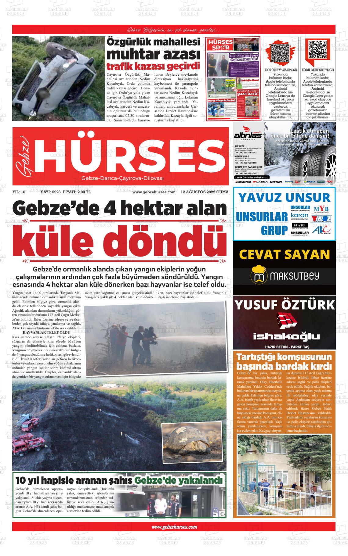 12 Ağustos 2022 Marmara  Gebze Gazete Manşeti