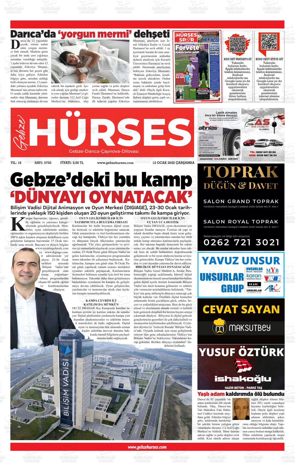12 Ocak 2022 Marmara  Gebze Gazete Manşeti