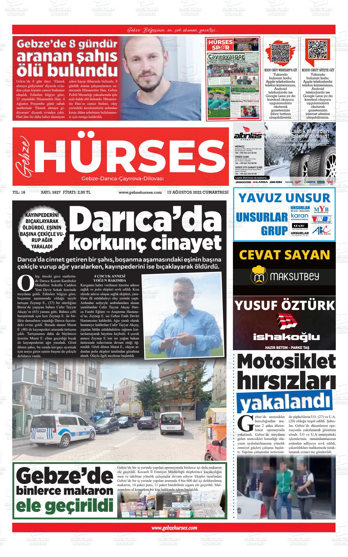 13 Ağustos 2022 Marmara  Gebze Gazete Manşeti