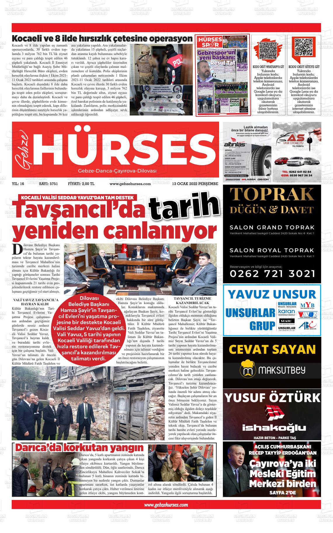 13 Ocak 2022 Marmara  Gebze Gazete Manşeti