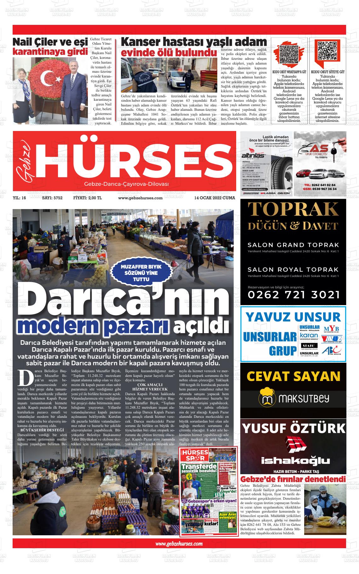 14 Ocak 2022 Marmara  Gebze Gazete Manşeti