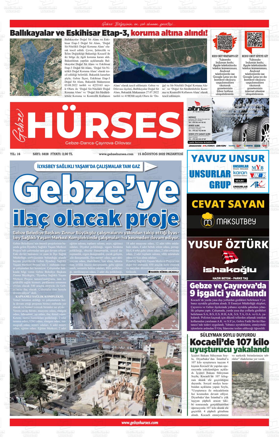 15 Ağustos 2022 Marmara  Gebze Gazete Manşeti