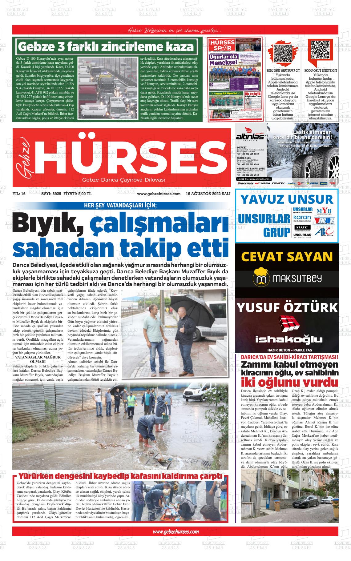16 Ağustos 2022 Marmara  Gebze Gazete Manşeti