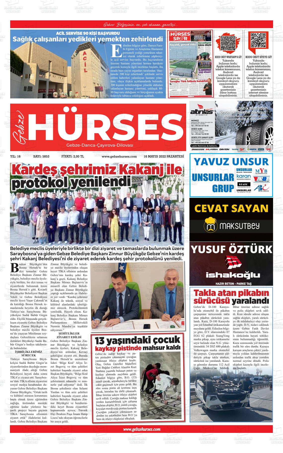 16 Mayıs 2022 Marmara  Gebze Gazete Manşeti