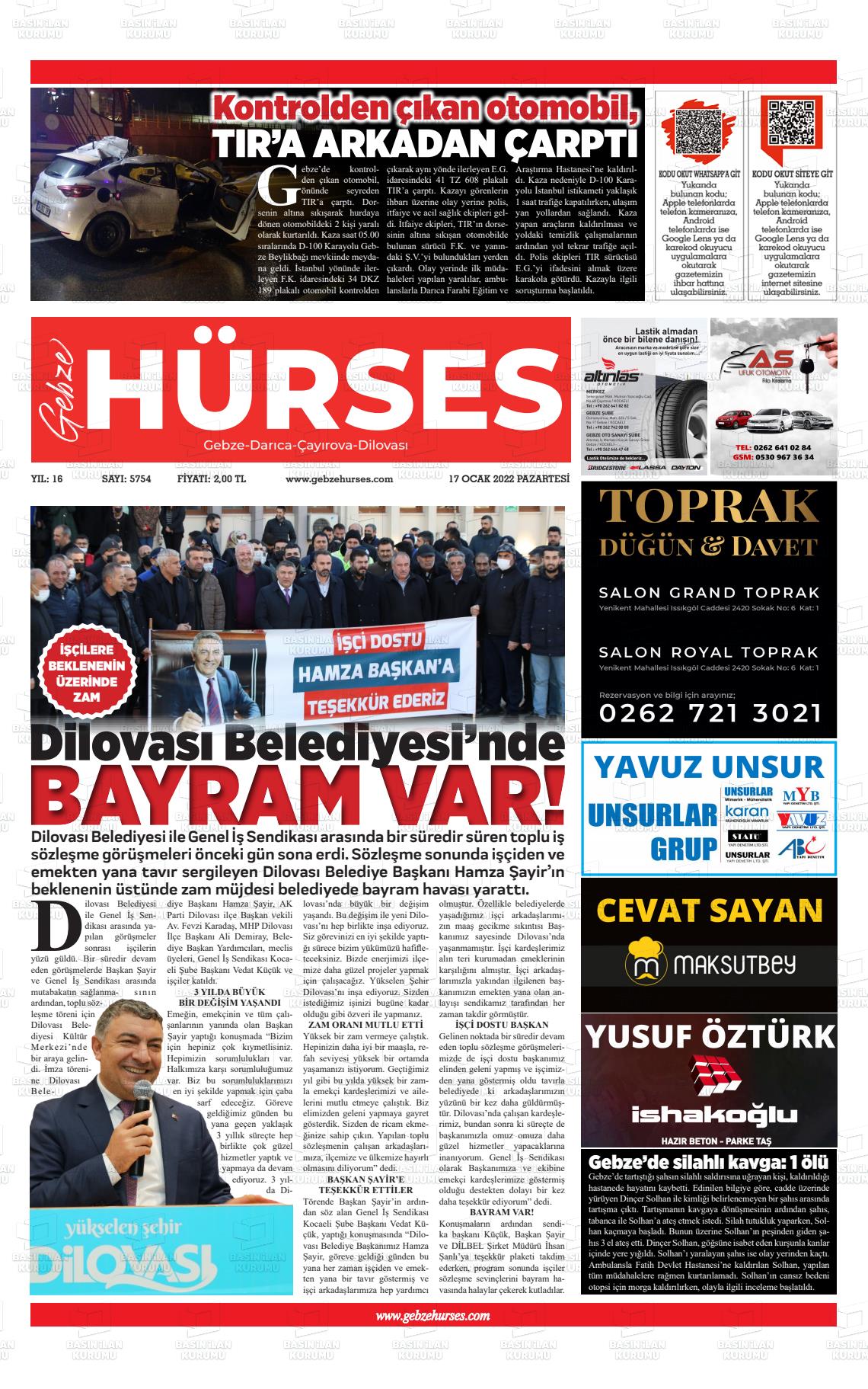 17 Ocak 2022 Marmara  Gebze Gazete Manşeti