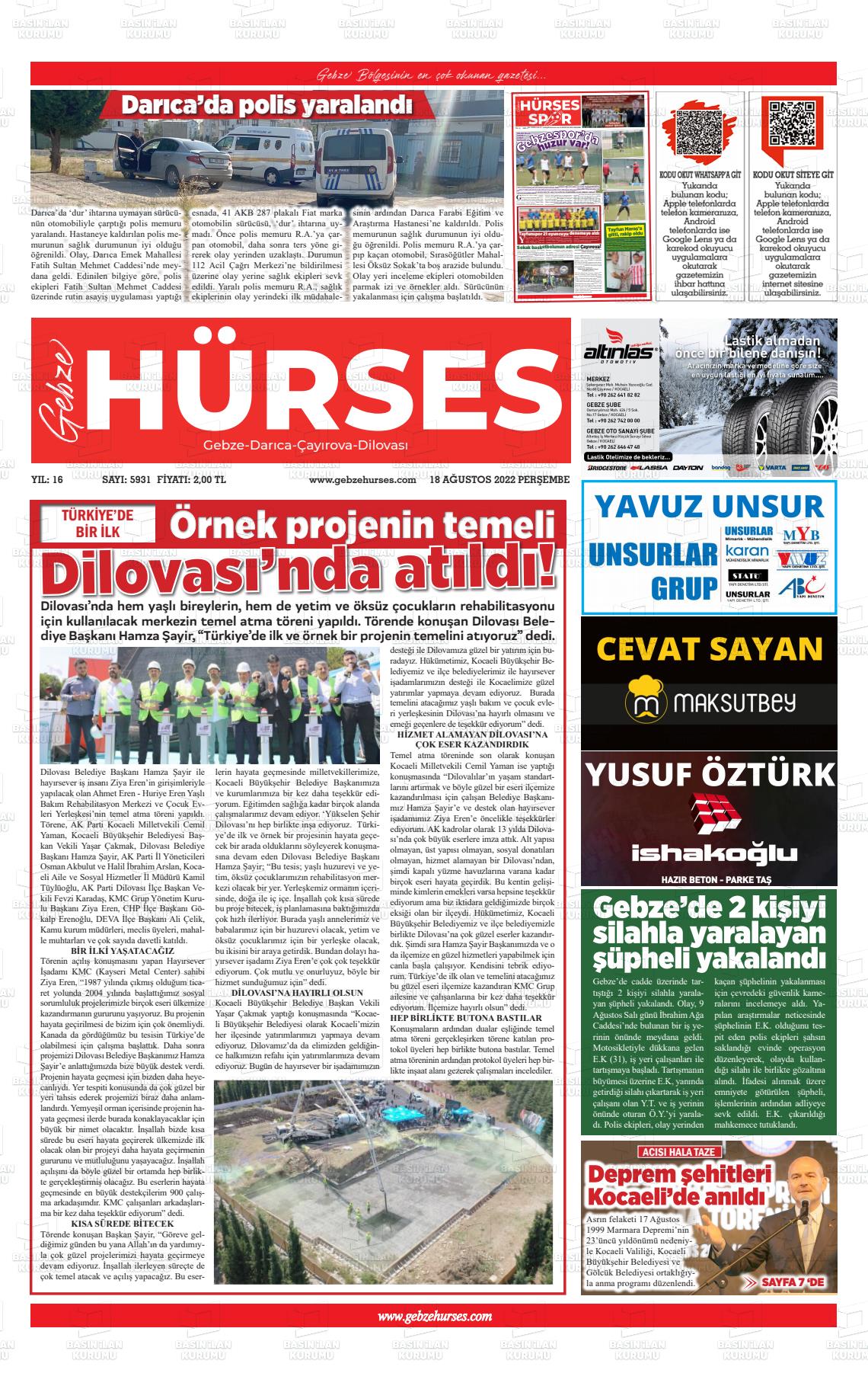 18 Ağustos 2022 Marmara  Gebze Gazete Manşeti