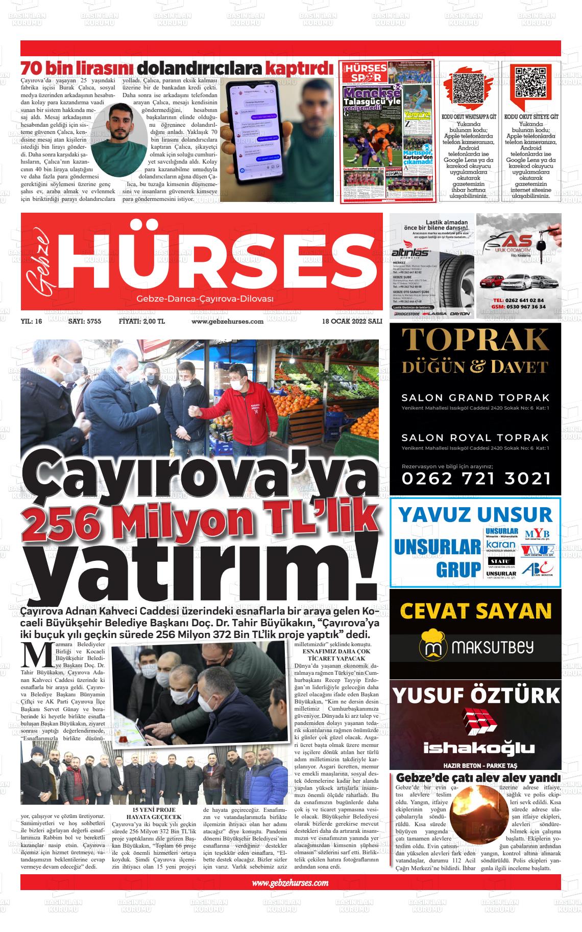 18 Ocak 2022 Marmara  Gebze Gazete Manşeti
