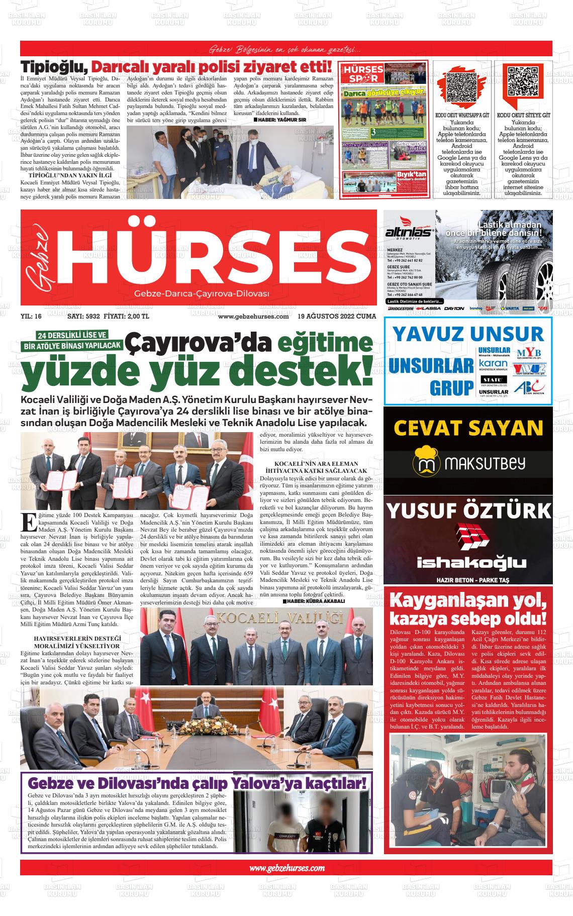 19 Ağustos 2022 Marmara  Gebze Gazete Manşeti