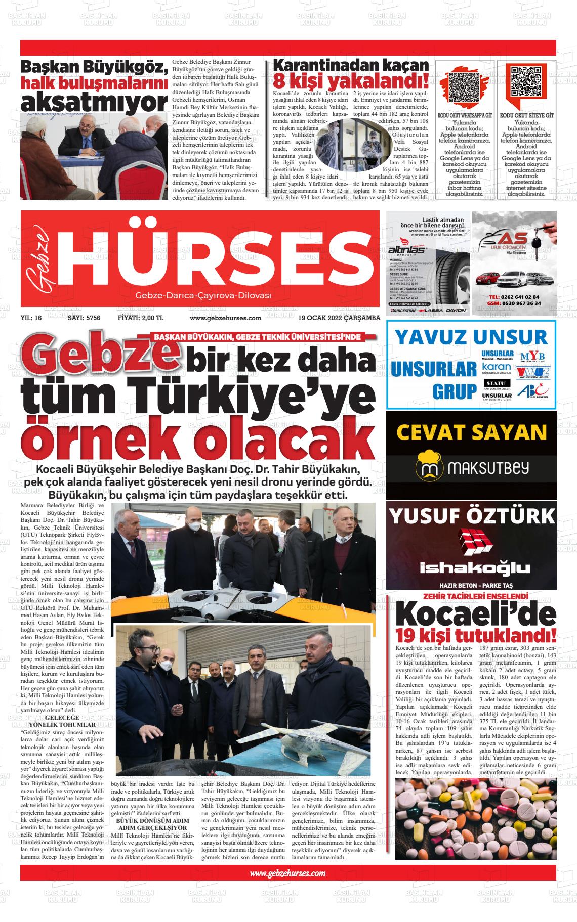 19 Ocak 2022 Marmara  Gebze Gazete Manşeti