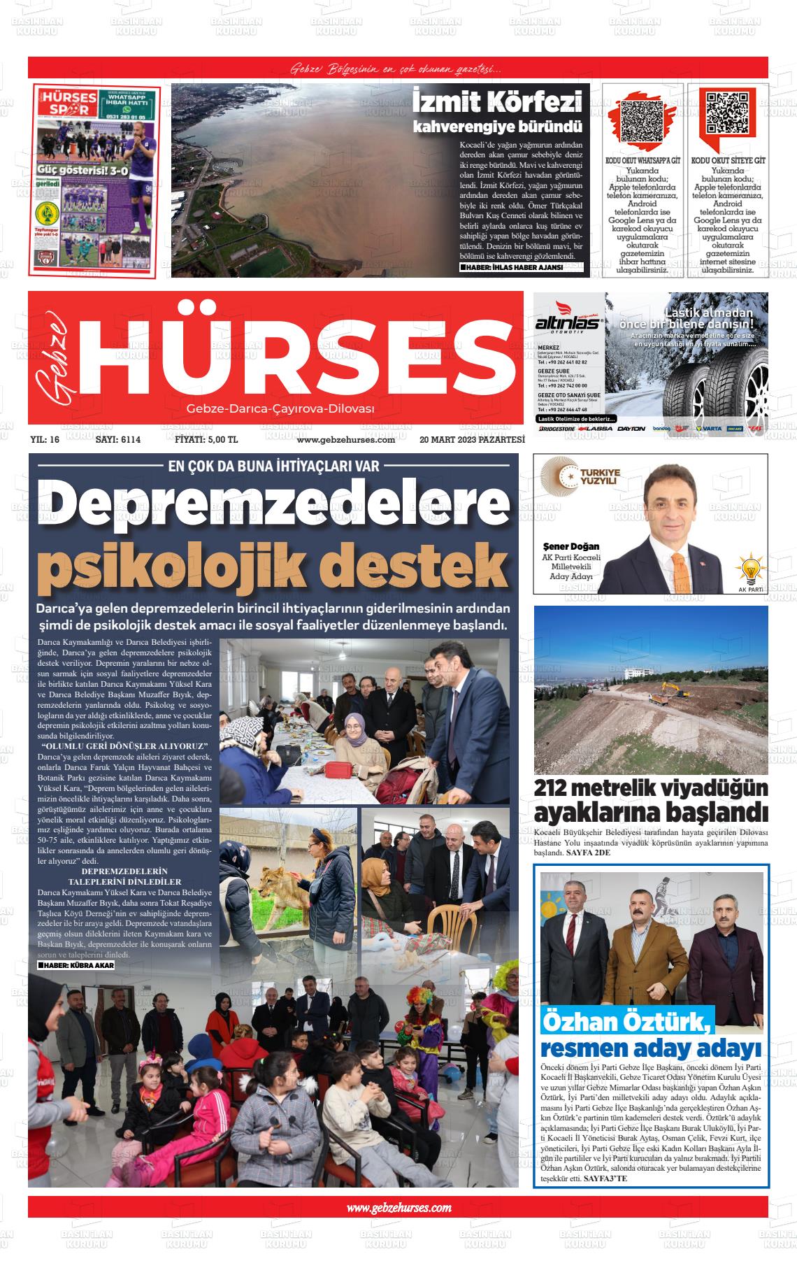 20 Mart 2023 Marmara  Gebze Gazete Manşeti