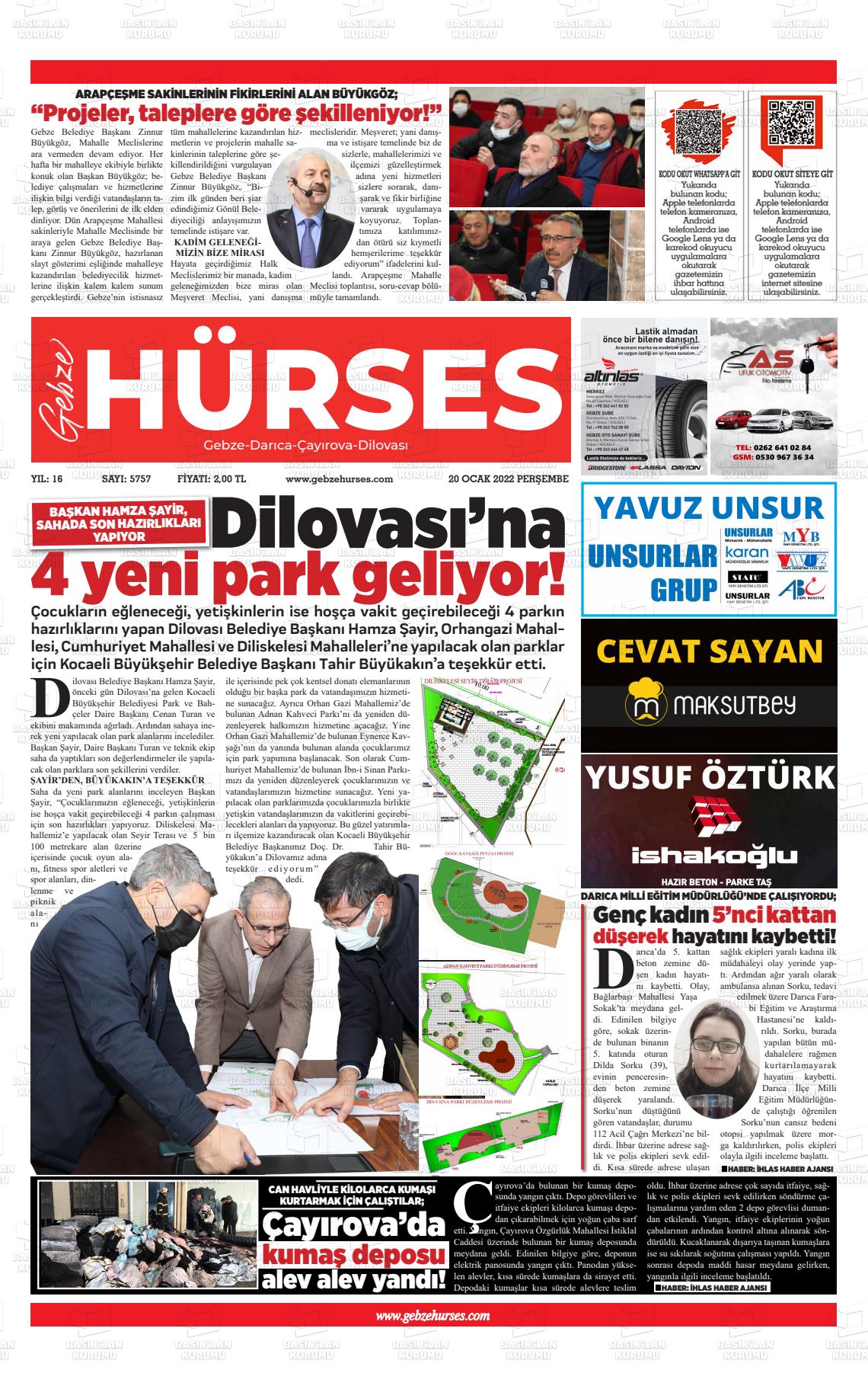 20 Ocak 2022 Marmara  Gebze Gazete Manşeti