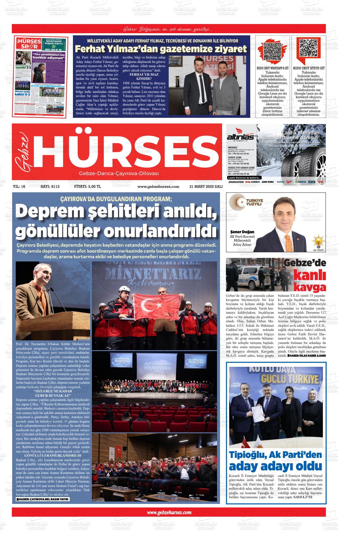 21 Mart 2023 Marmara  Gebze Gazete Manşeti